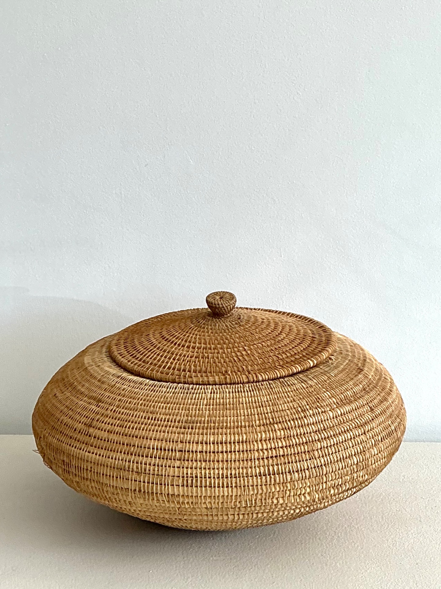 Vintage Woven Natural Fiber Lidded Basket - Wicker, 30W x 14.5H - Side view