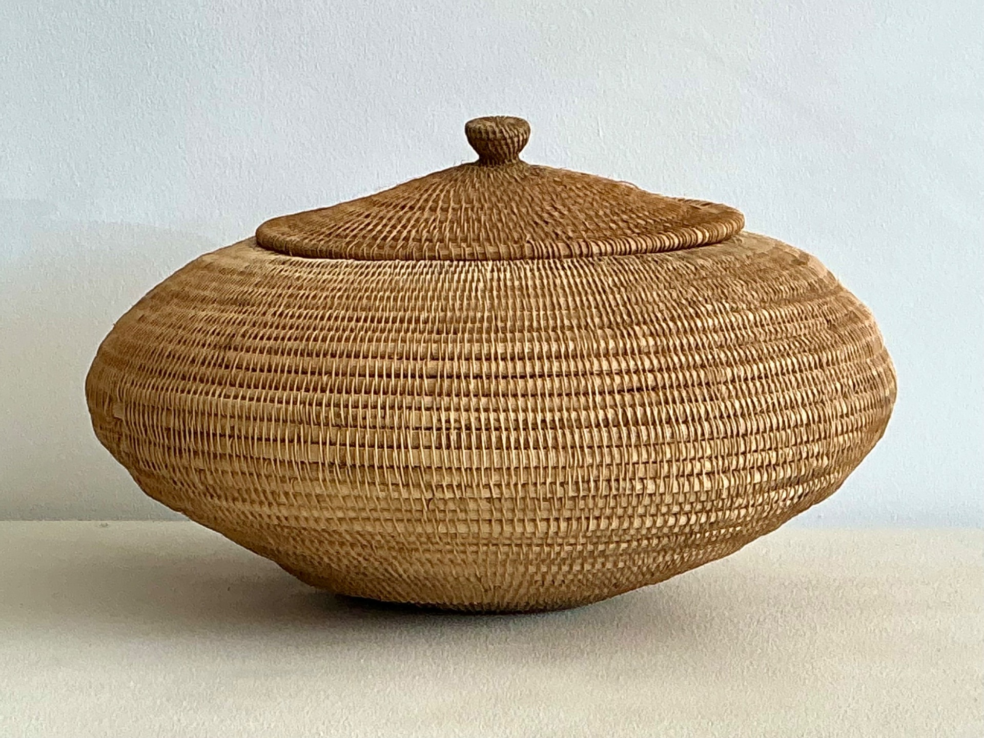 Vintage Woven Natural Fiber Lidded Basket - Wicker, 30W x 14.5H - Detail view