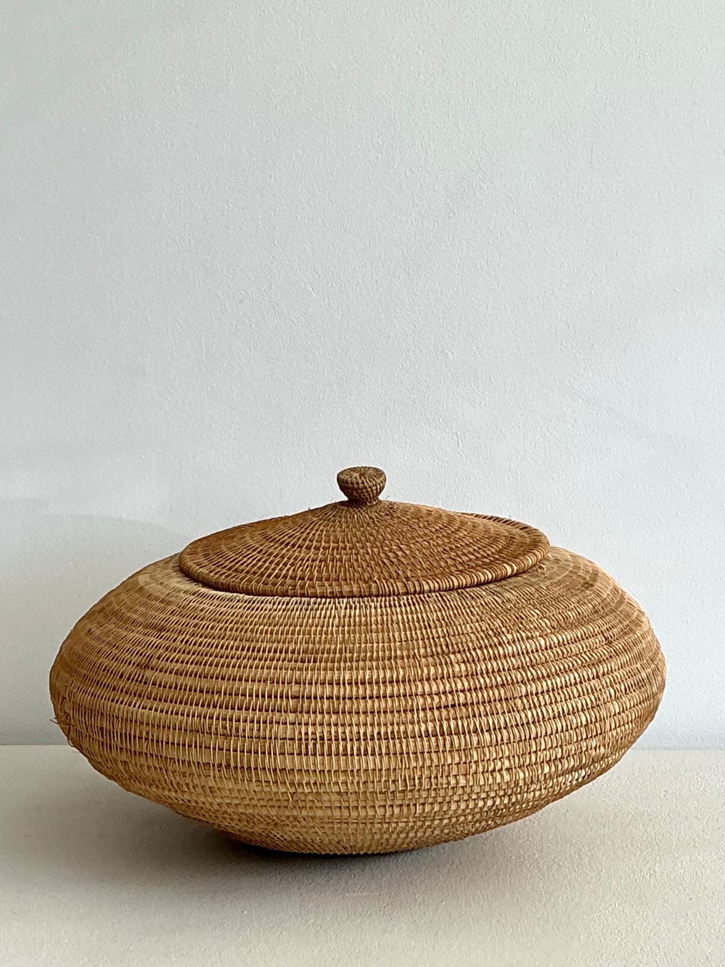Vintage Woven Natural Fiber Lidded Basket - Wicker, 30W x 14.5H - Back view