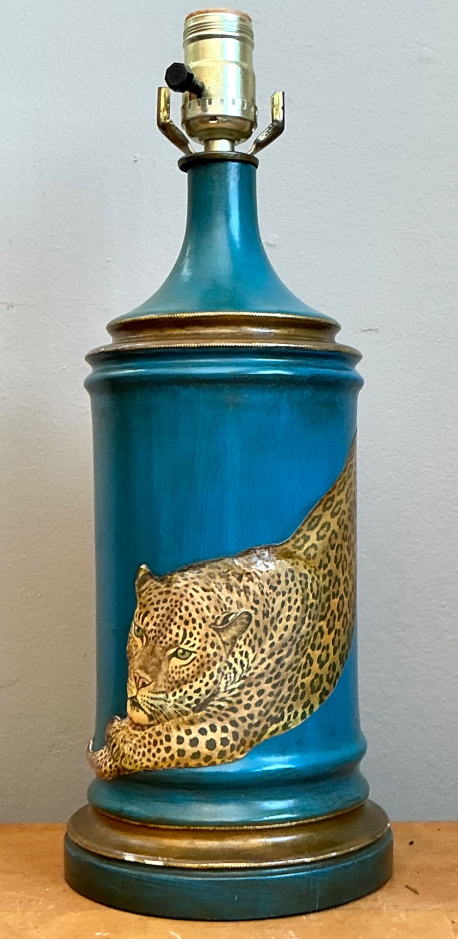 Vintage Blue and Gold Decoupage Leopard Lamp - Detail view