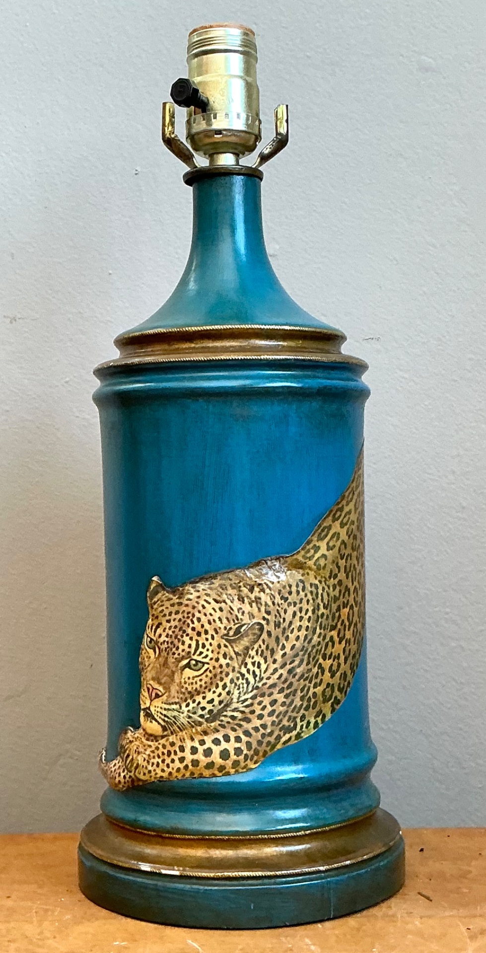 Vintage Blue and Gold Decoupage Leopard Lamp - Back view