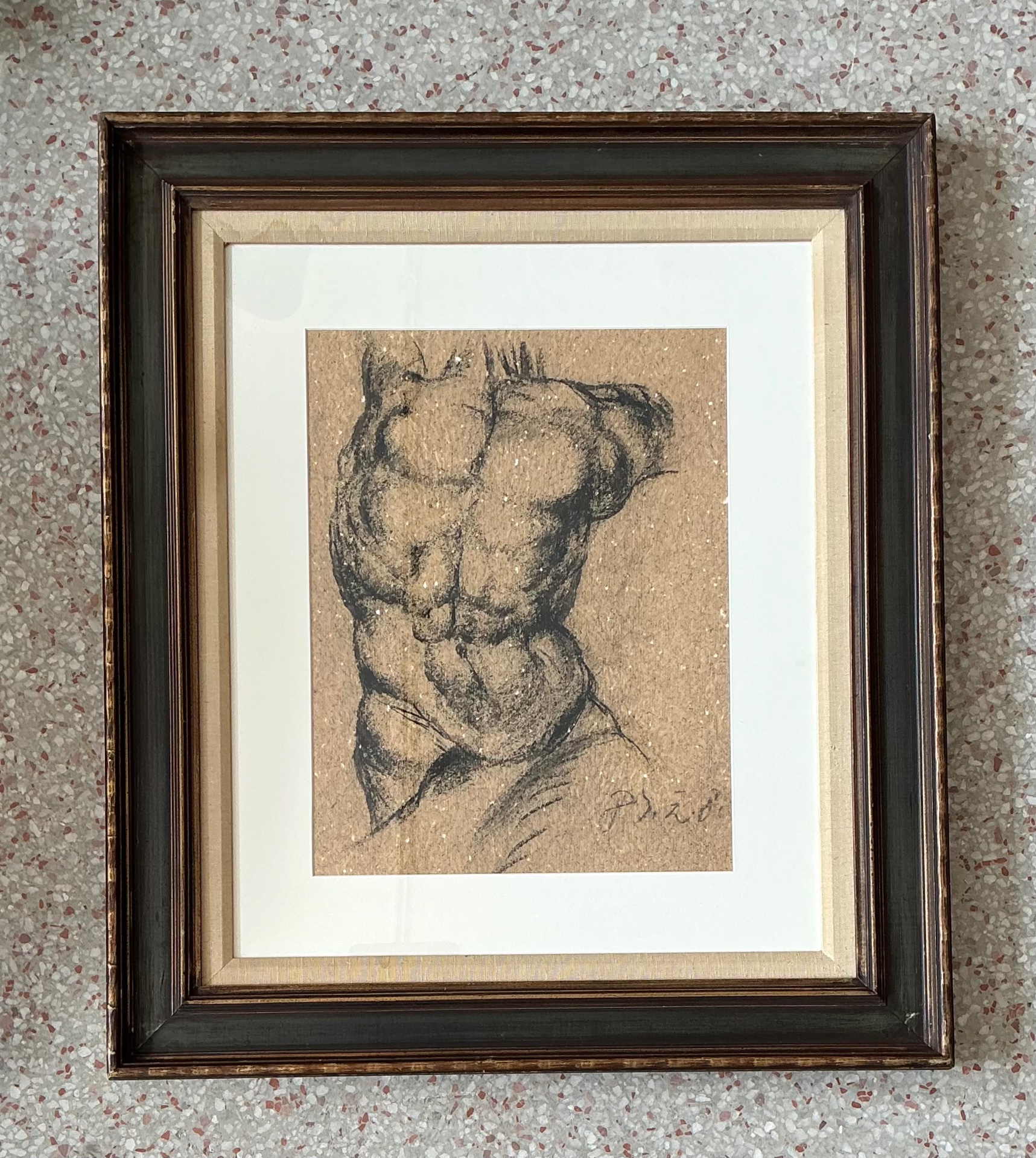 Vintage Original Charcoal Male Torso Drawing - Side view