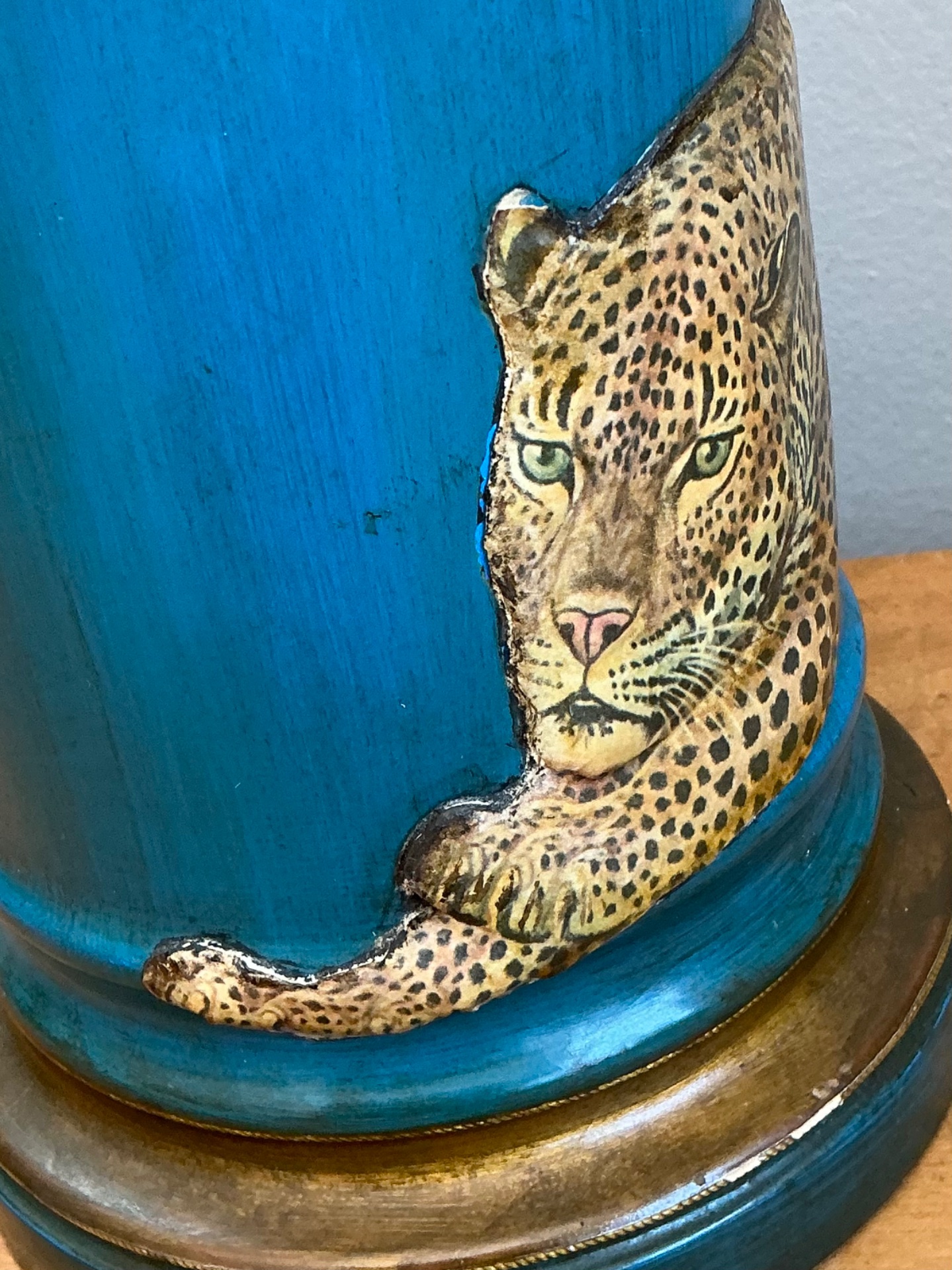Vintage Blue and Gold Decoupage Leopard Lamp - Top view