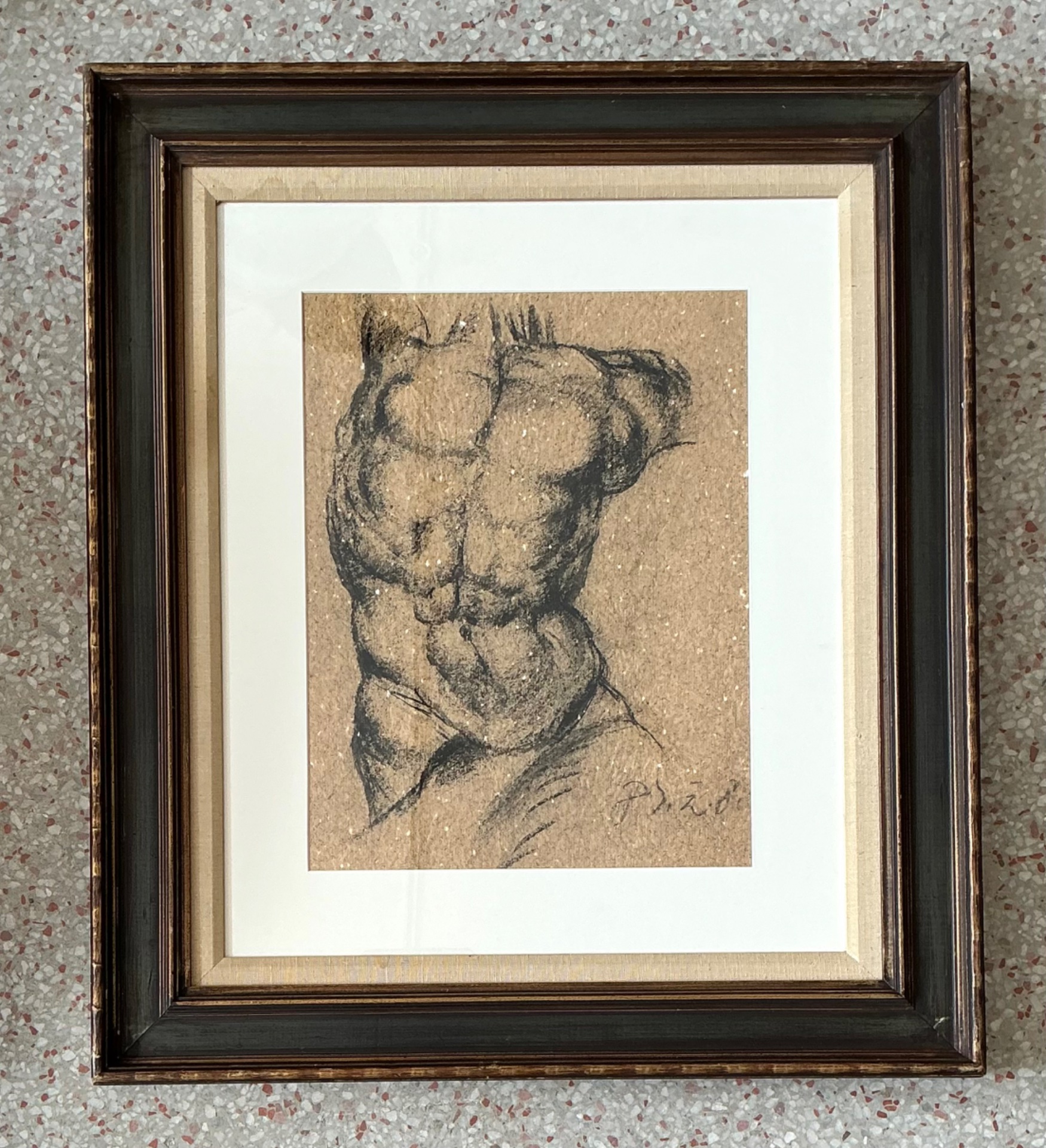 Vintage Original Charcoal Male Torso Drawing - Top view