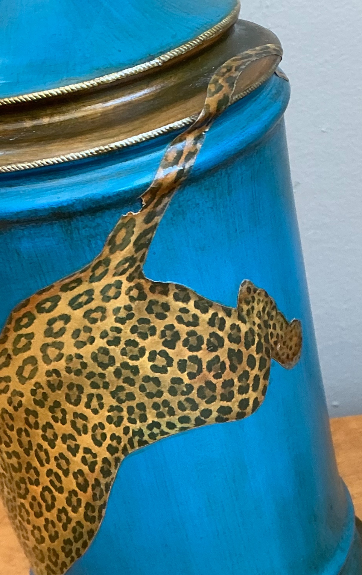 Vintage Blue and Gold Decoupage Leopard Lamp - Side view