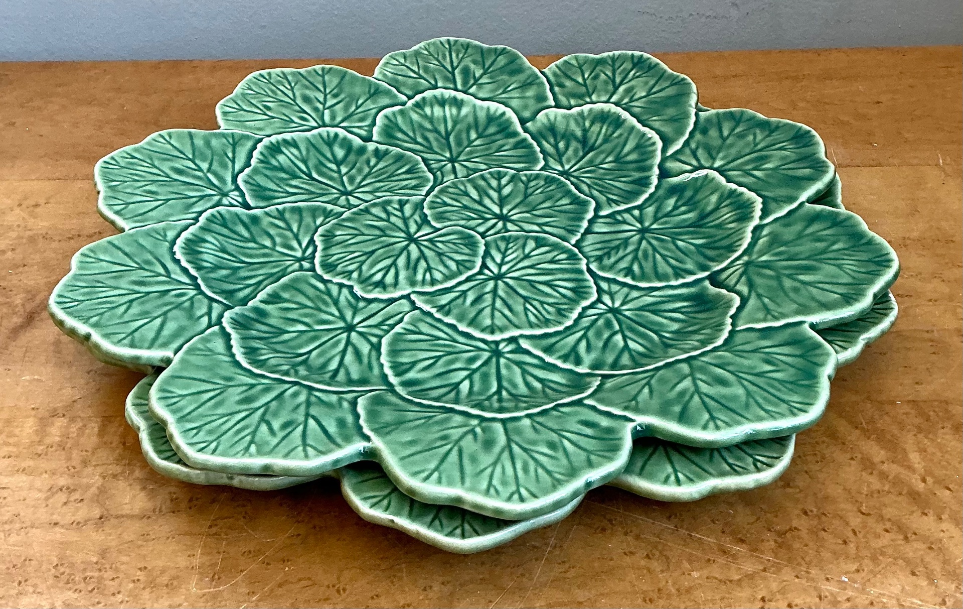 Vintage Bordallo Pinheiro Green Cabbage Leaf Platter -  Set Of 2 - Top view