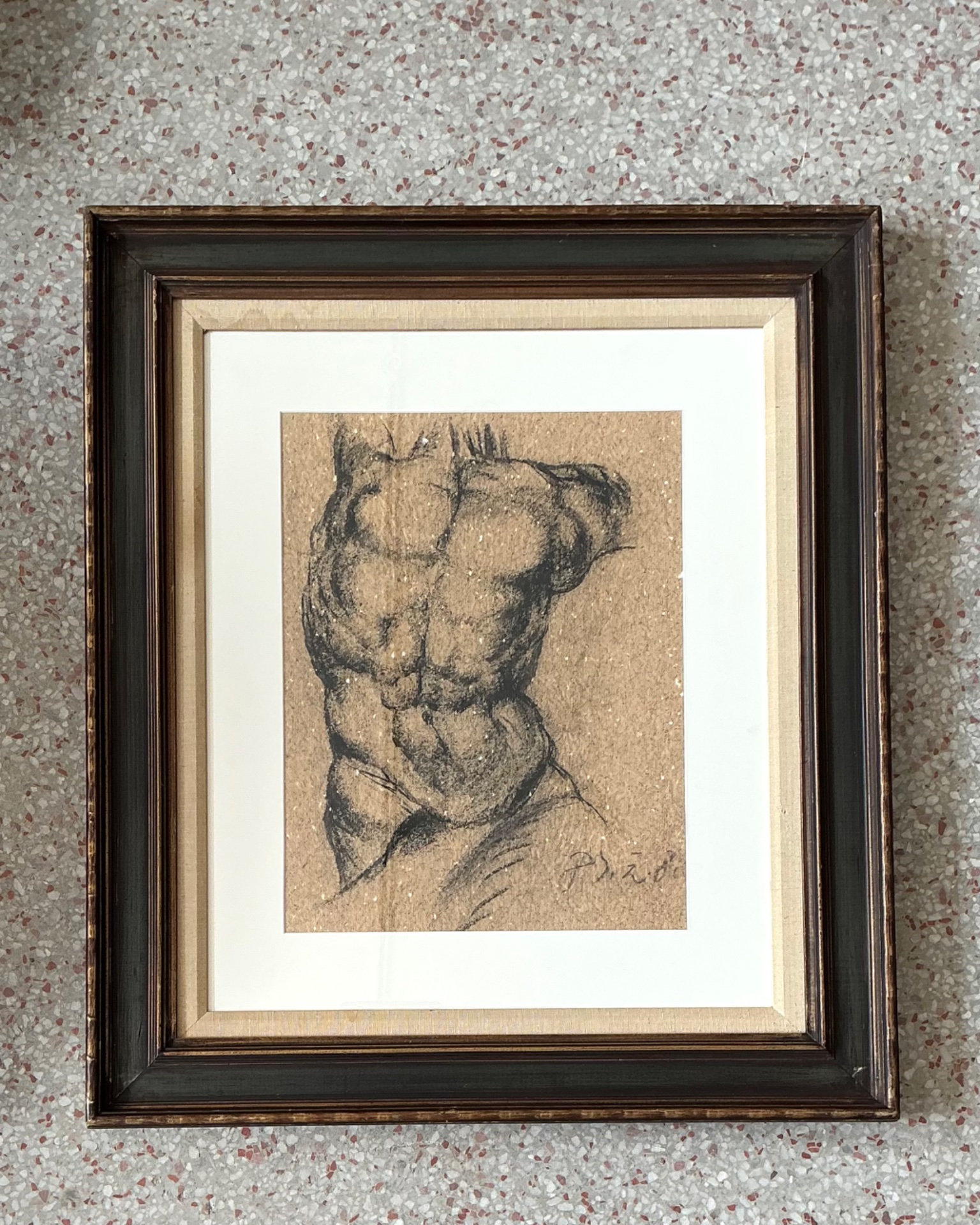 Vintage Original Charcoal Male Torso Drawing - Detail view