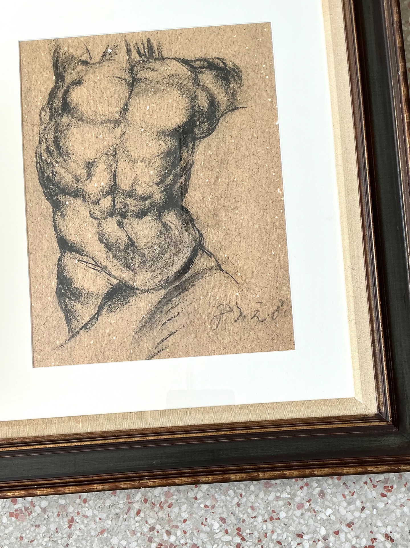 Vintage Original Charcoal Male Torso Drawing - Back view