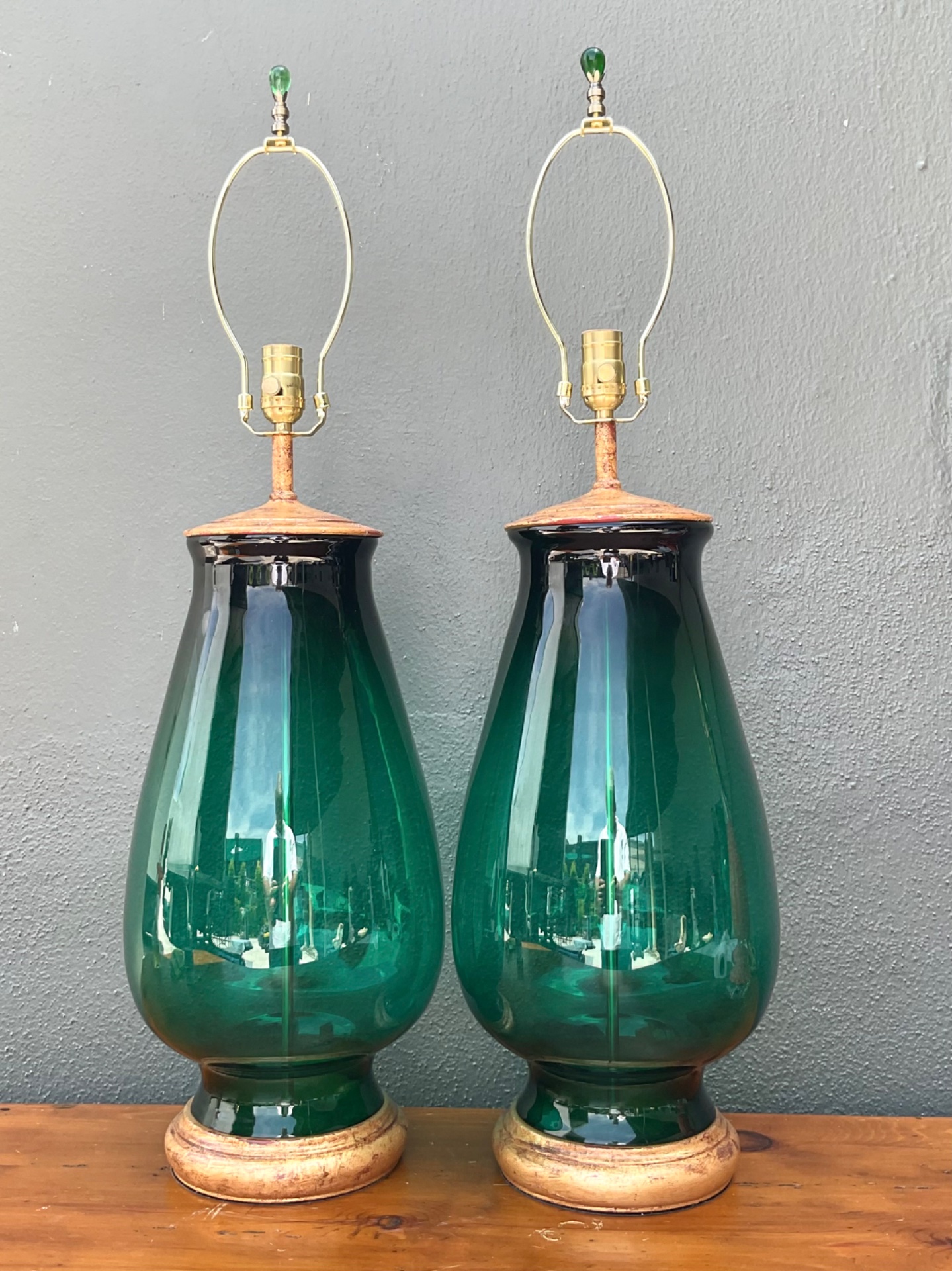 Vintage Emerald Glass Table Lamps - Set of 2 - Side view