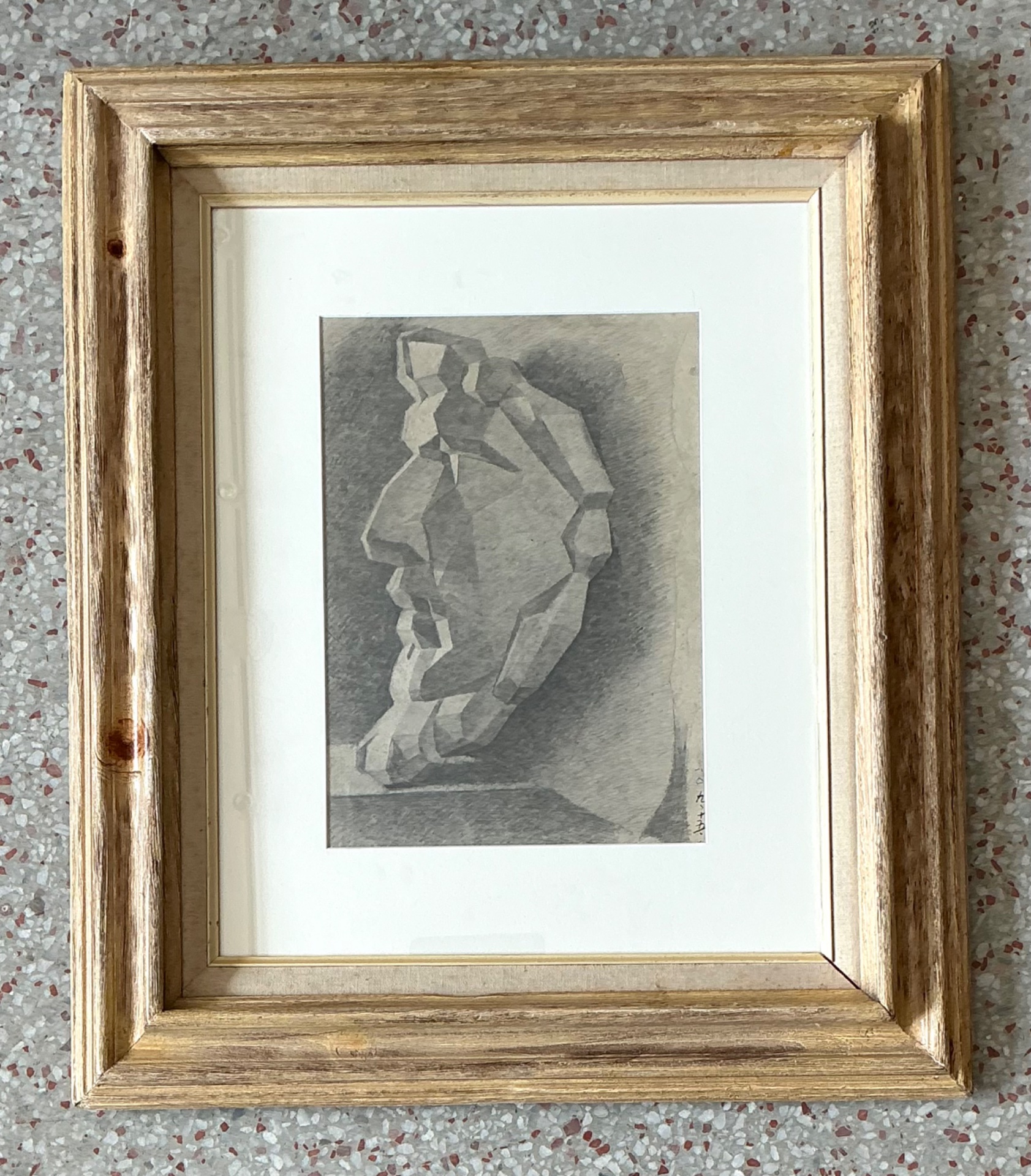 Vintage Framed Charcoal Geometric Bust Drawing - Top view