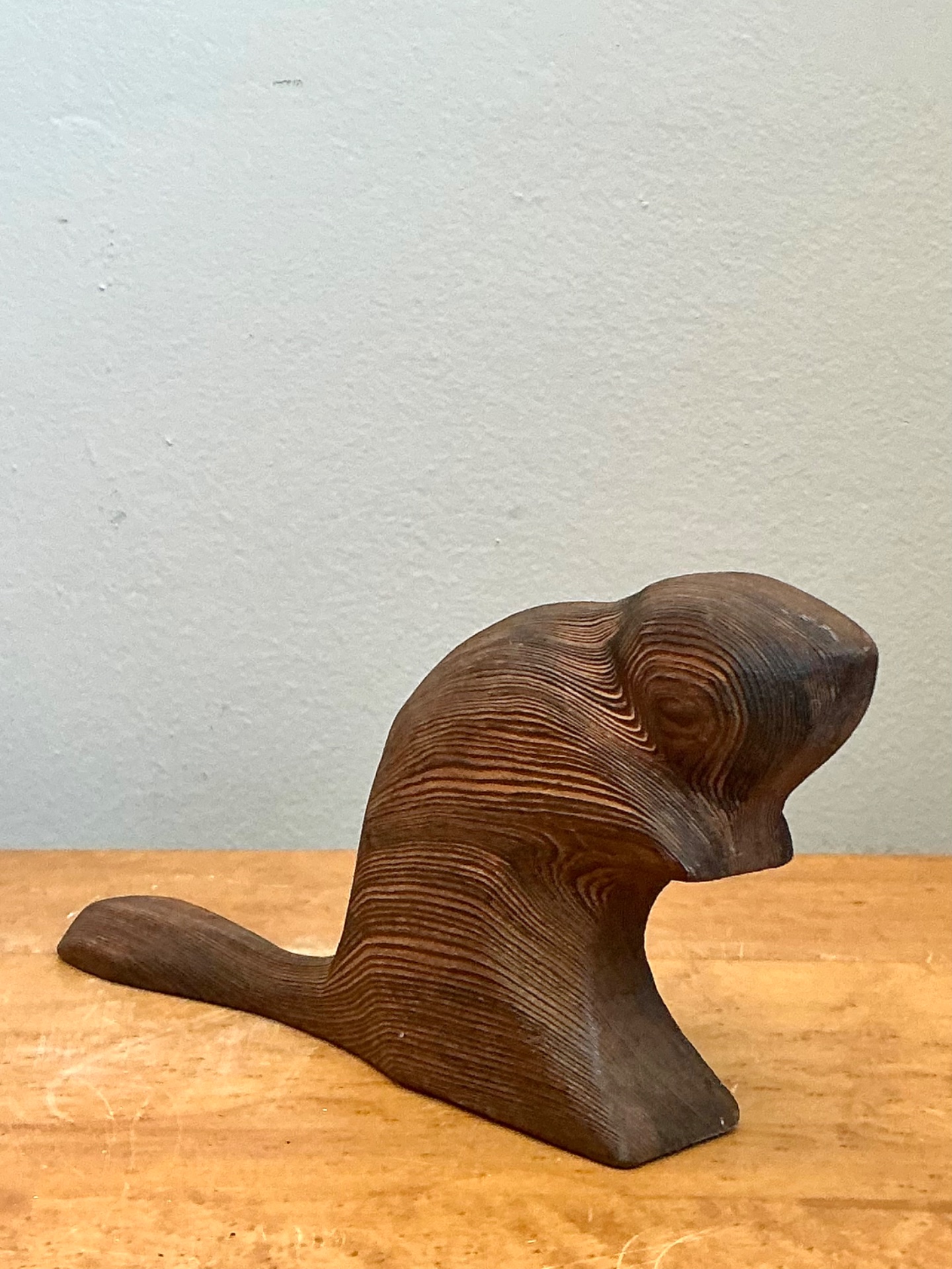 Vintage Carved Wood Beaver Sculpture - Side view
