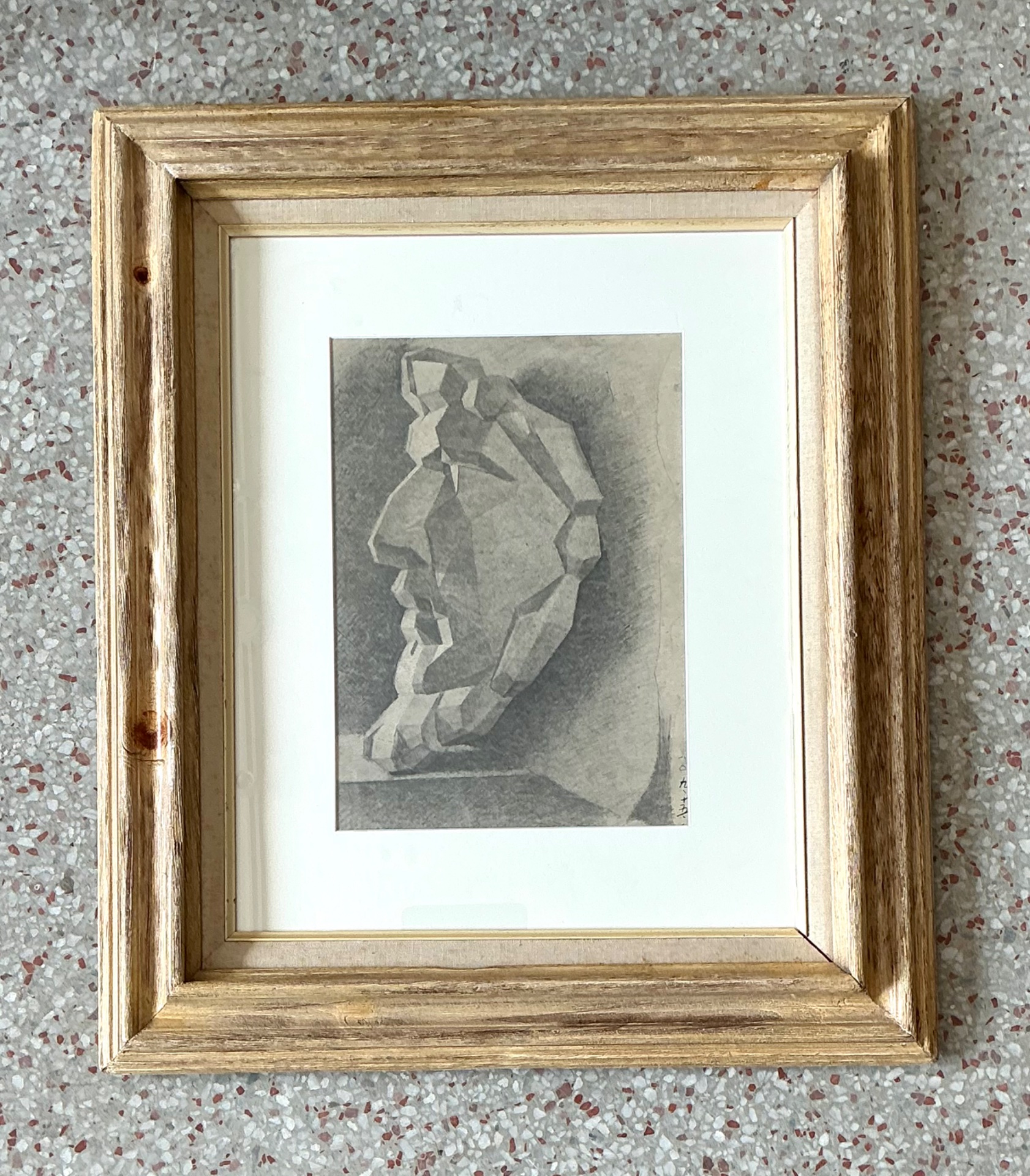 Vintage Framed Charcoal Geometric Bust Drawing - Detail view