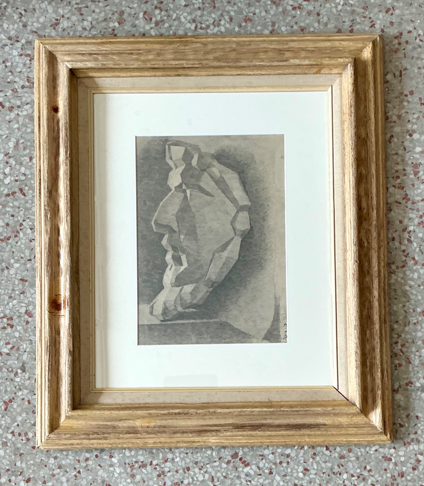 Vintage Framed Charcoal Geometric Bust Drawing - Back view