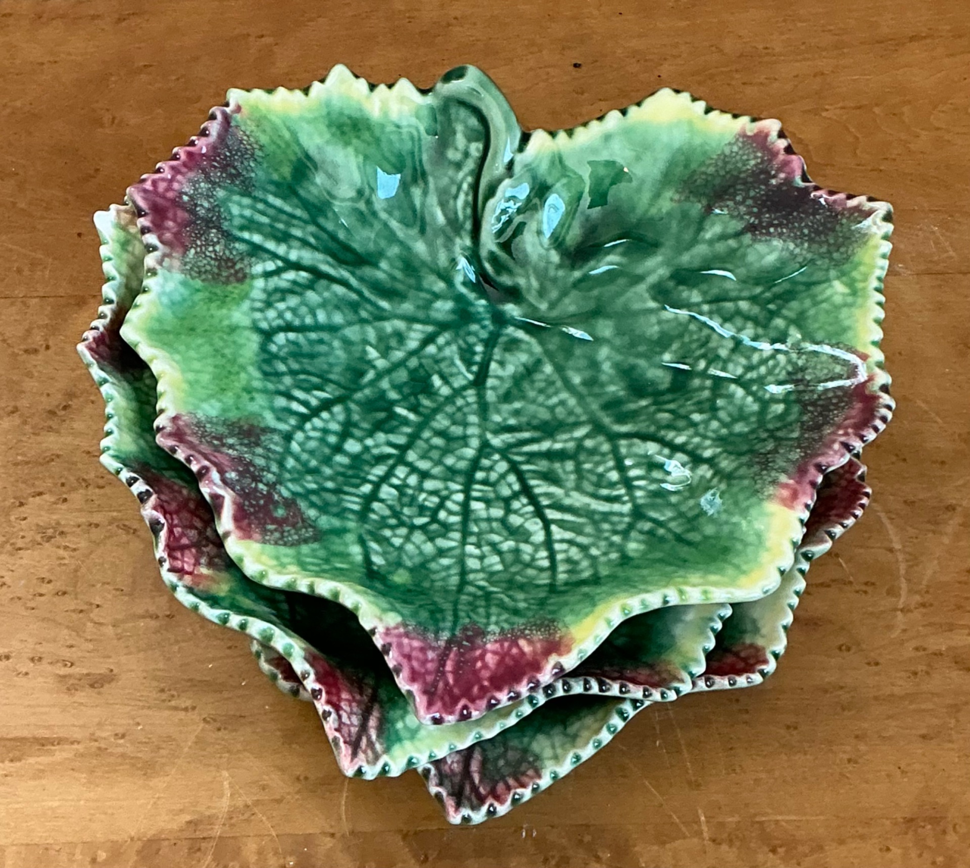 Vintage Bordallo Pinheiro Green Majolica Leaf Plates Trio - Top view