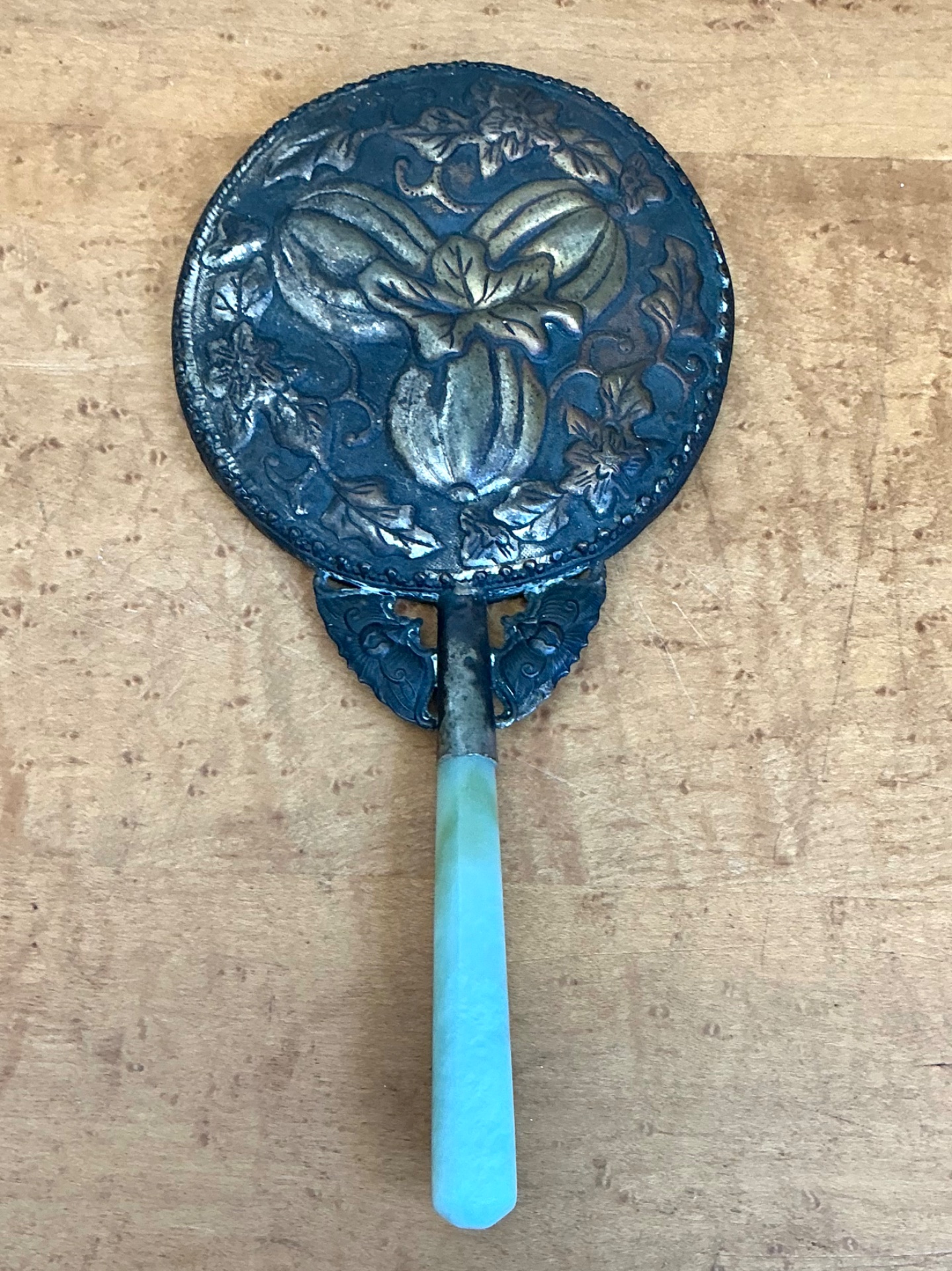 Vintage Floral Motif Metal Hand Mirror - Side view