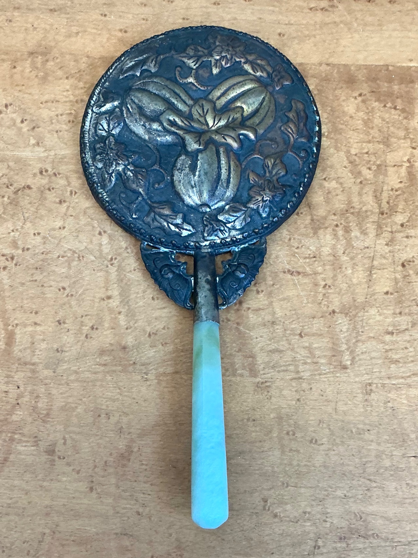 Vintage Floral Motif Metal Hand Mirror - Top view
