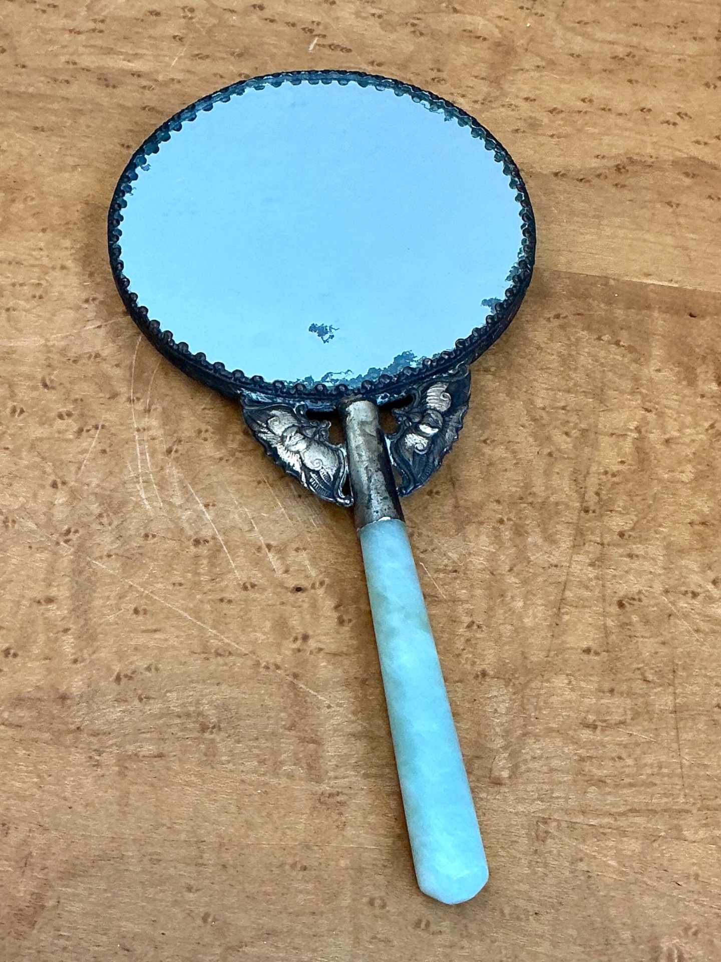 Vintage Floral Motif Metal Hand Mirror - Detail view