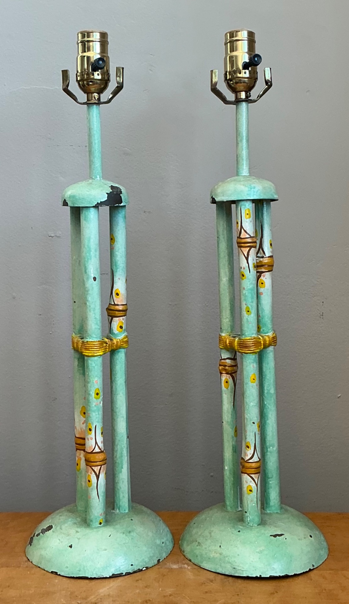 Vintage Distressed Hand-Painted Metal Lamps - Pair - Side view