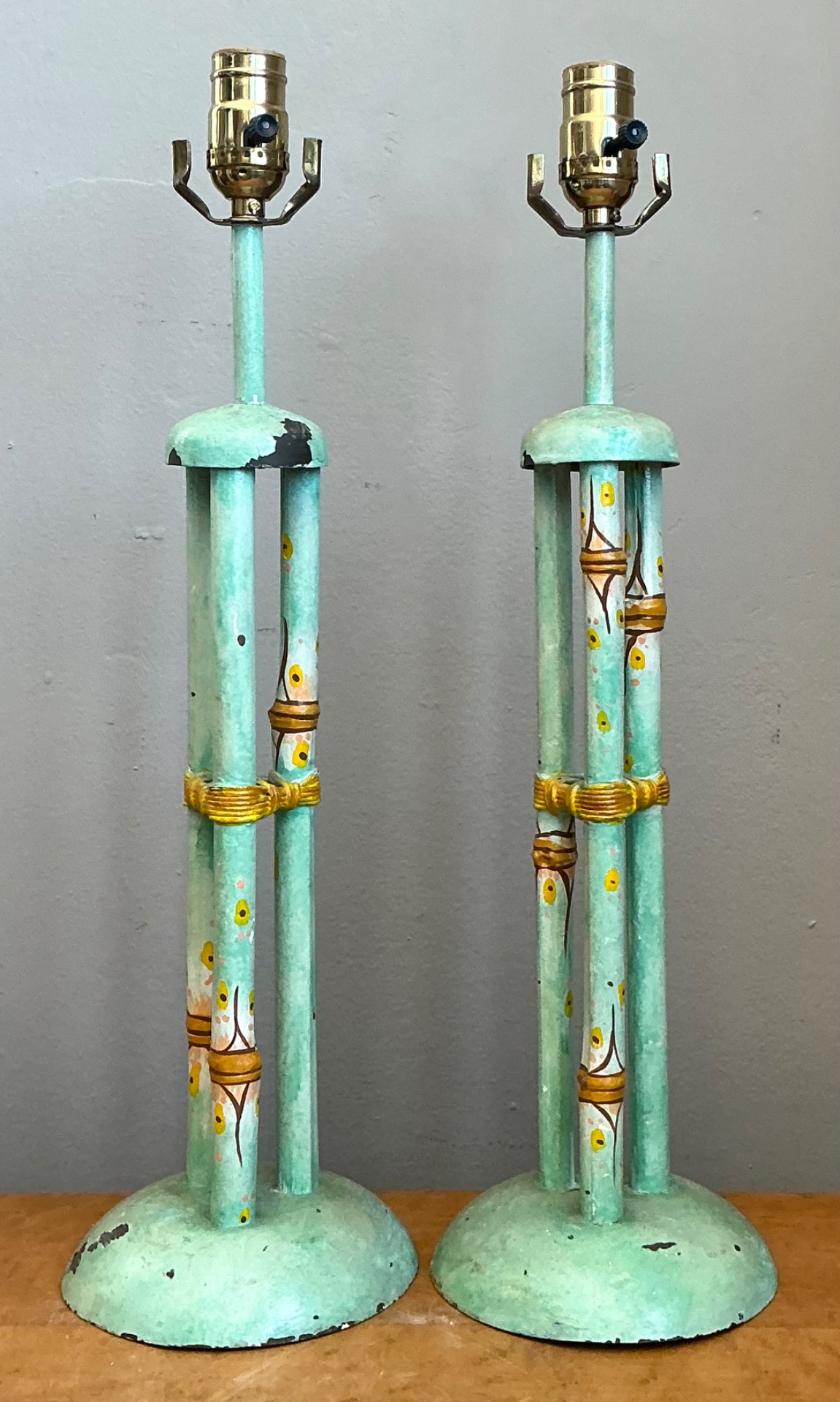 Vintage Distressed Hand-Painted Metal Lamps - Pair - Top view