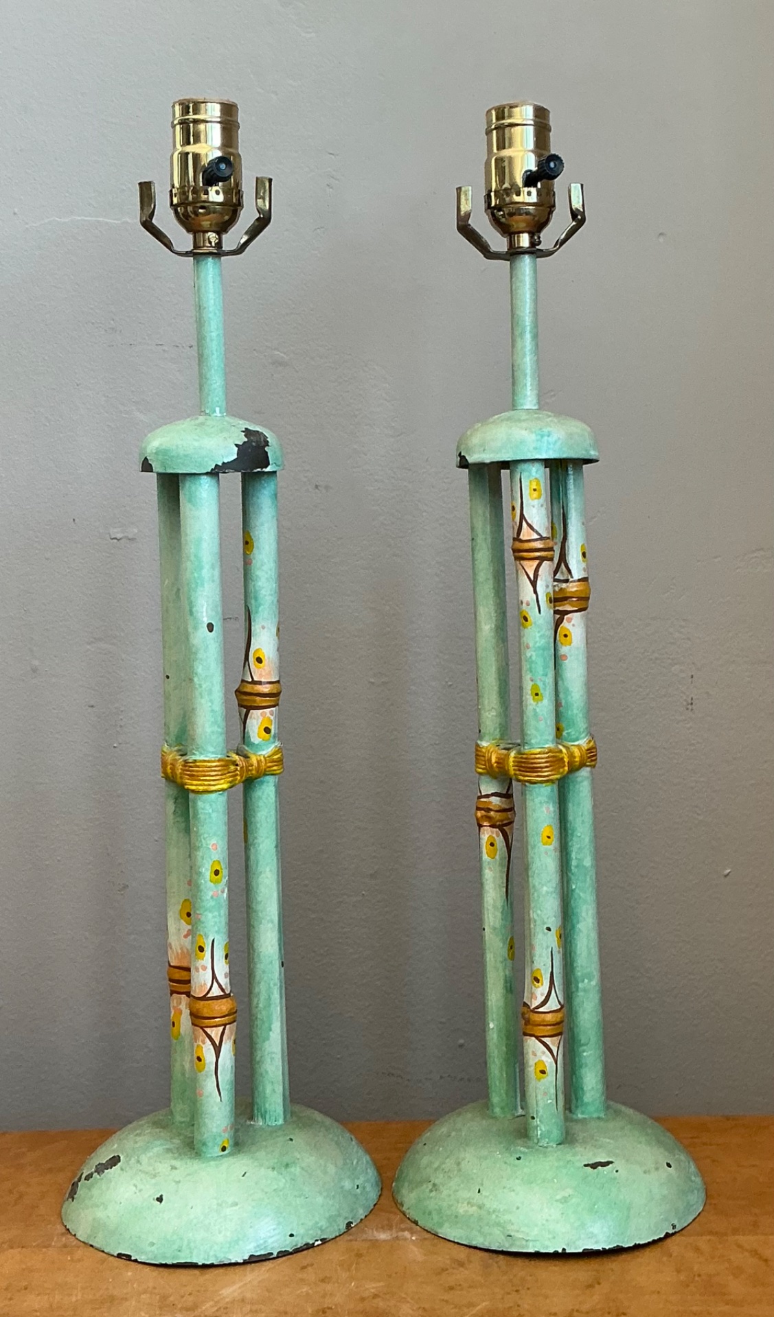Vintage Distressed Hand-Painted Metal Lamps - Pair - Back view