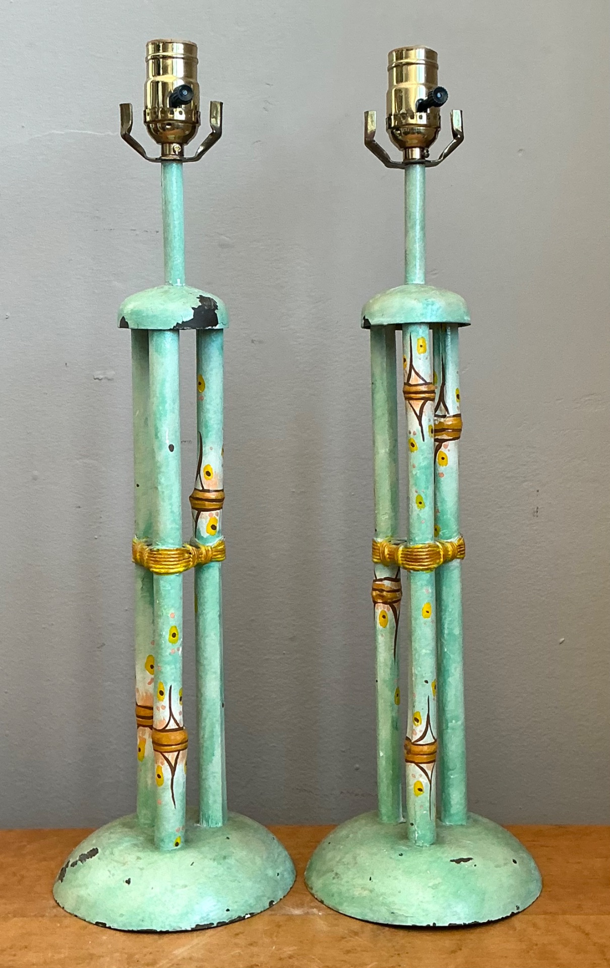 Vintage Distressed Hand-Painted Metal Lamps - Pair - Top view