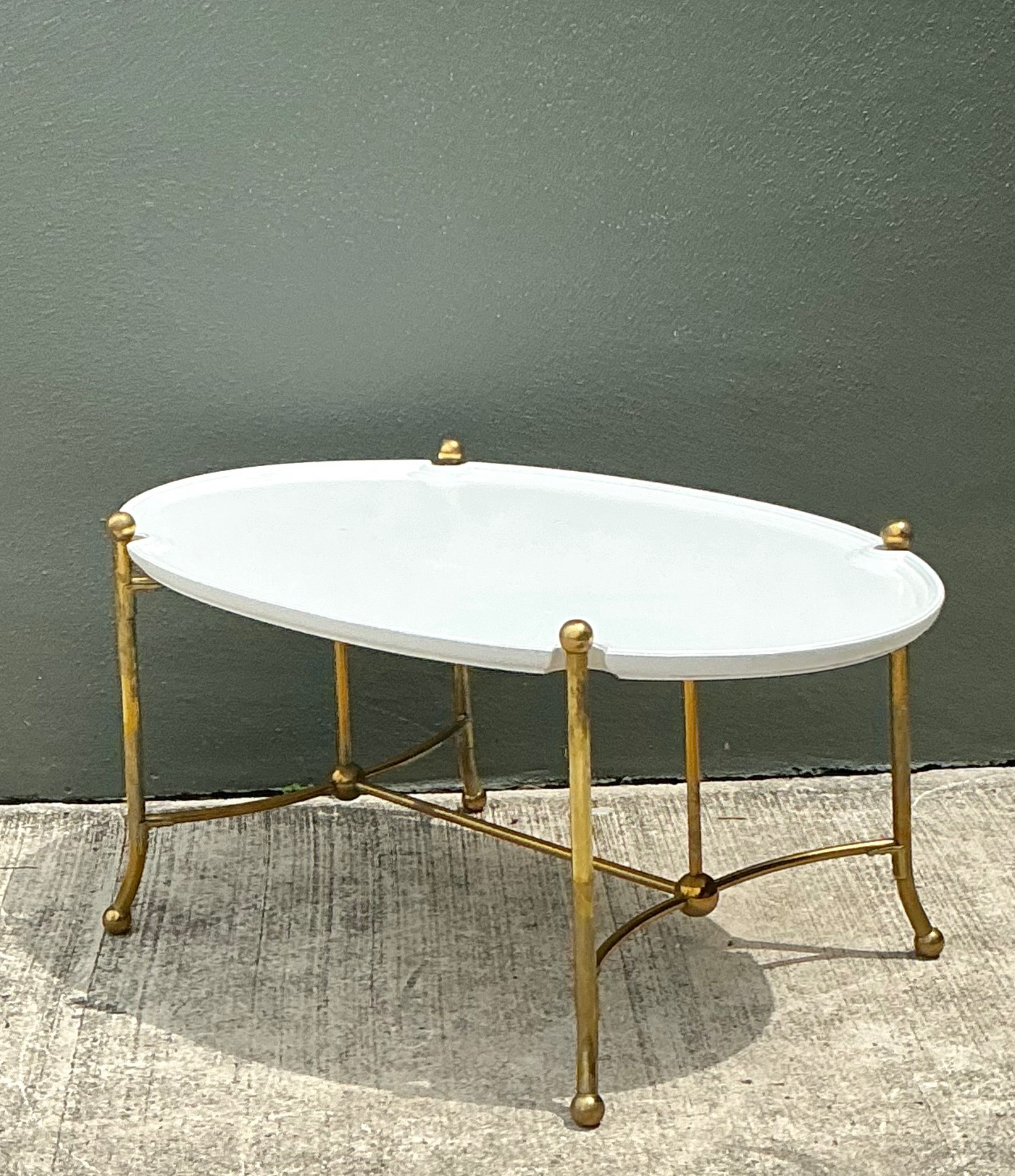 Vintage Brass and Wood Oval Coffee Table - Top view