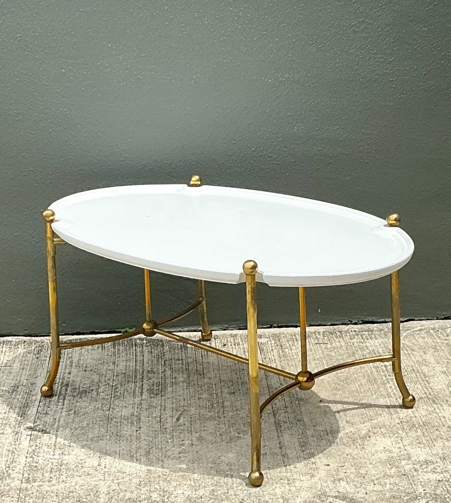 Vintage Brass and Wood Oval Coffee Table - Side view