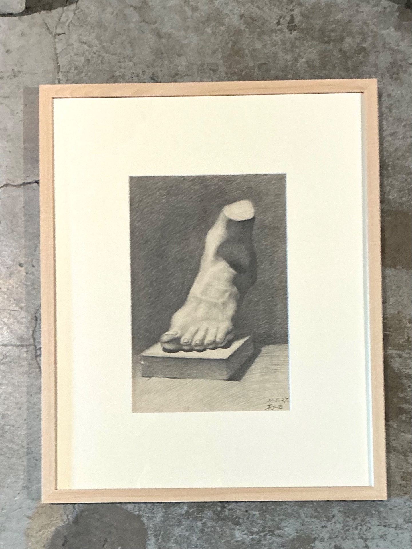 Vintage Framed Charcoal Foot Drawing - Side view