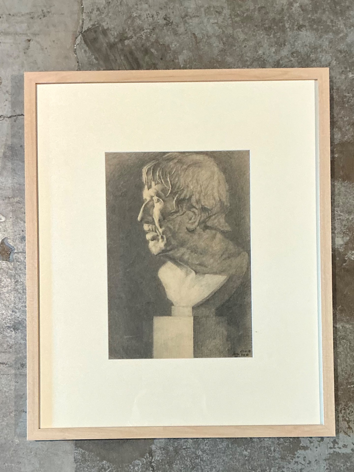Vintage Charcoal Portrait Bust Drawing - Side view