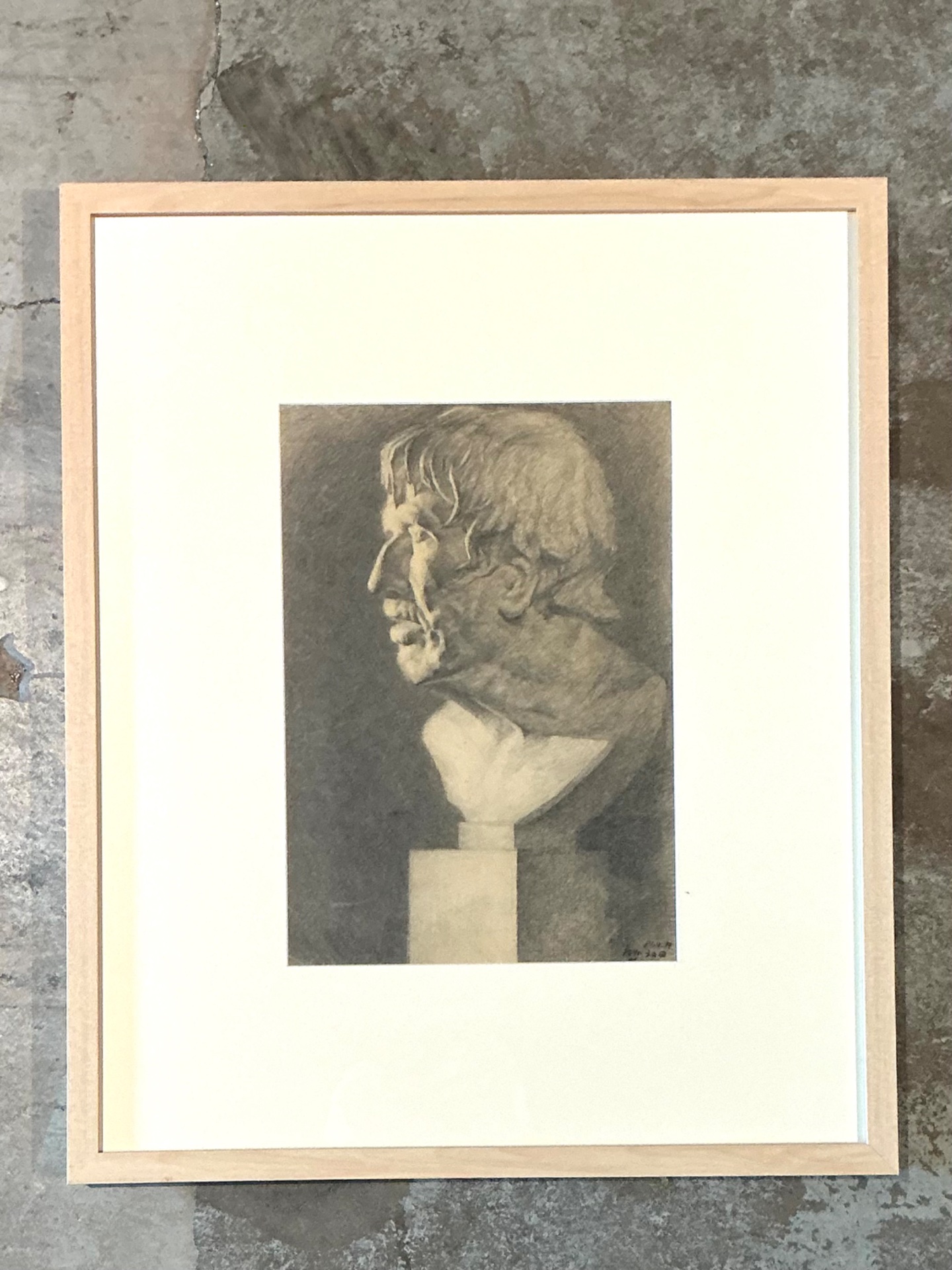 Vintage Charcoal Portrait Bust Drawing - Detail view