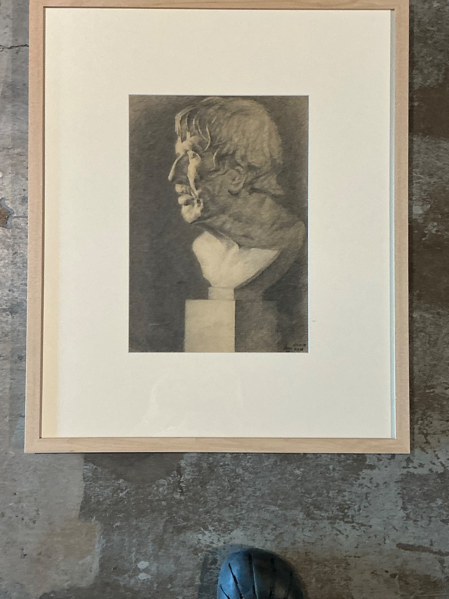 Vintage Charcoal Portrait Bust Drawing - Back view