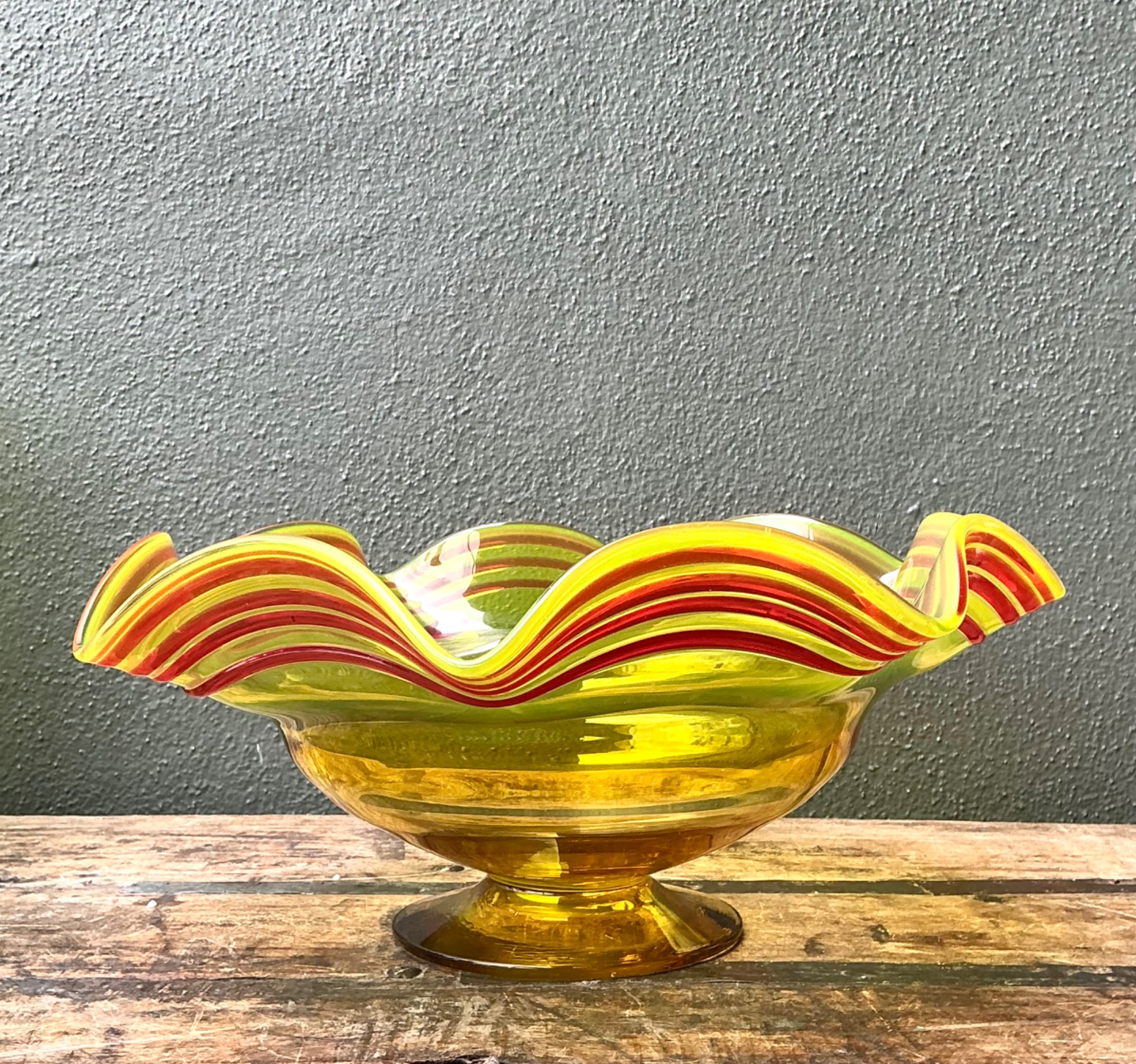 Vintage Striped Murano-Style Glass Centerpiece Bowl - Side view