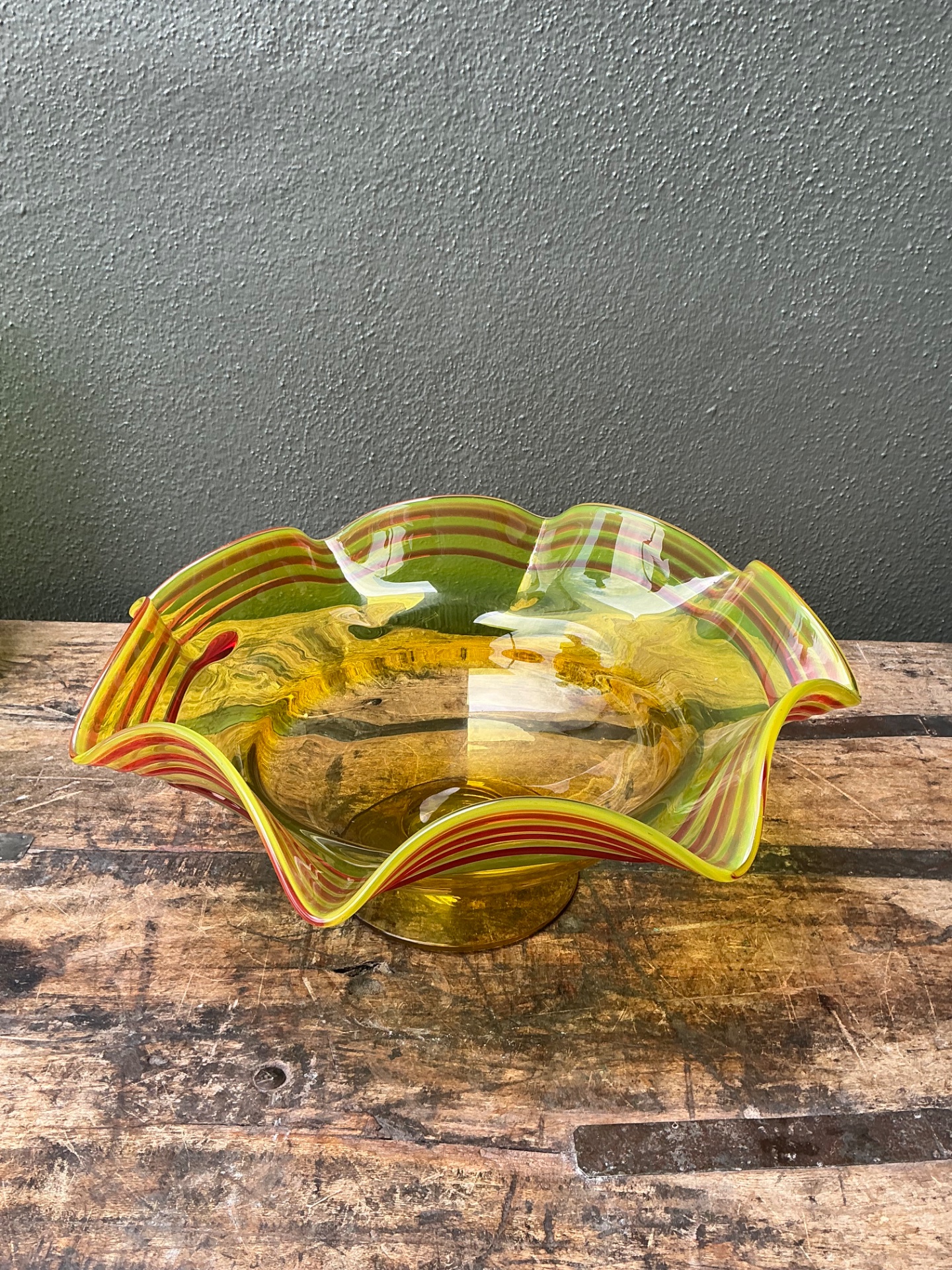 Vintage Striped Murano-Style Glass Centerpiece Bowl - Back view