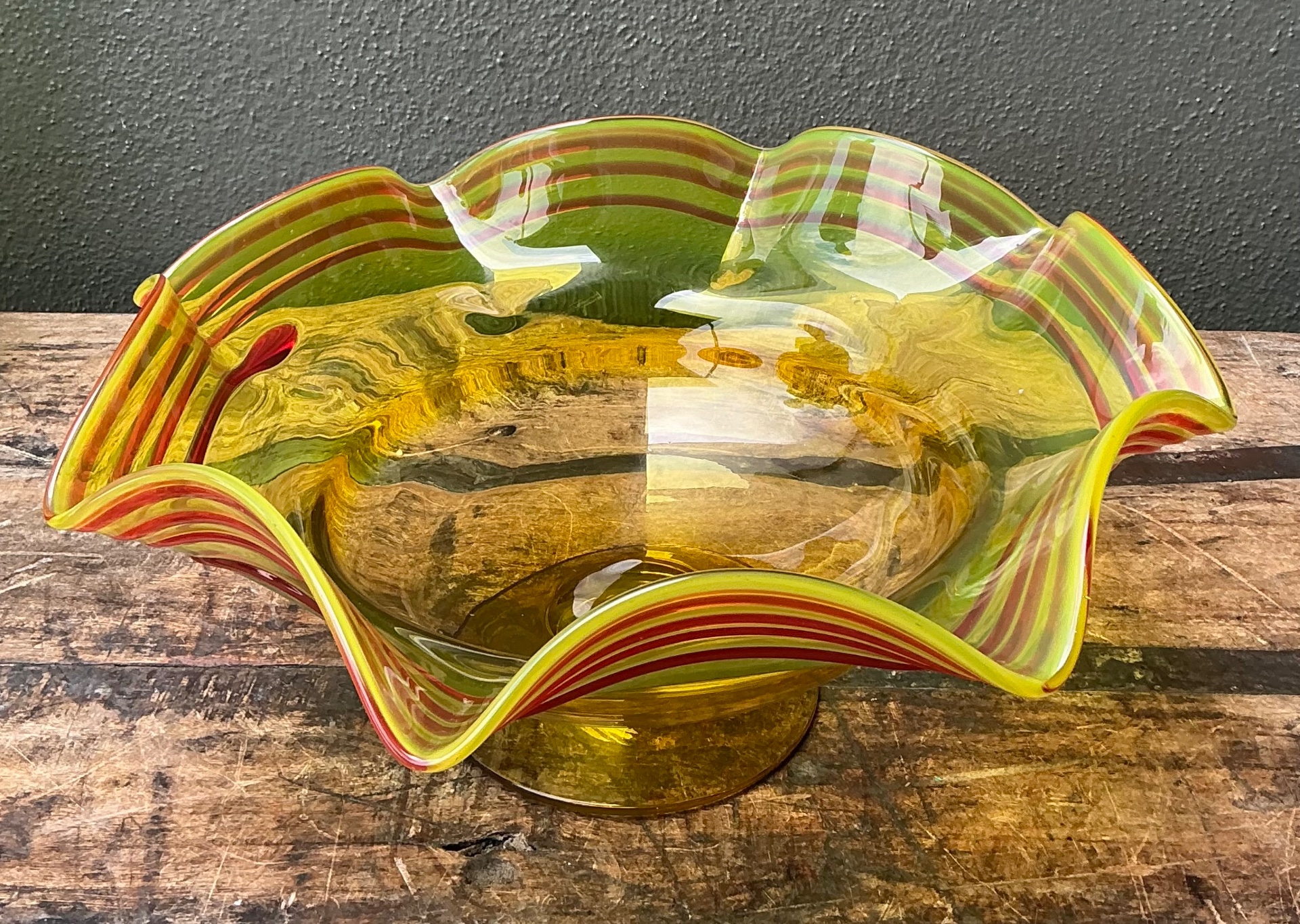 Vintage Striped Murano-Style Glass Centerpiece Bowl - Top view