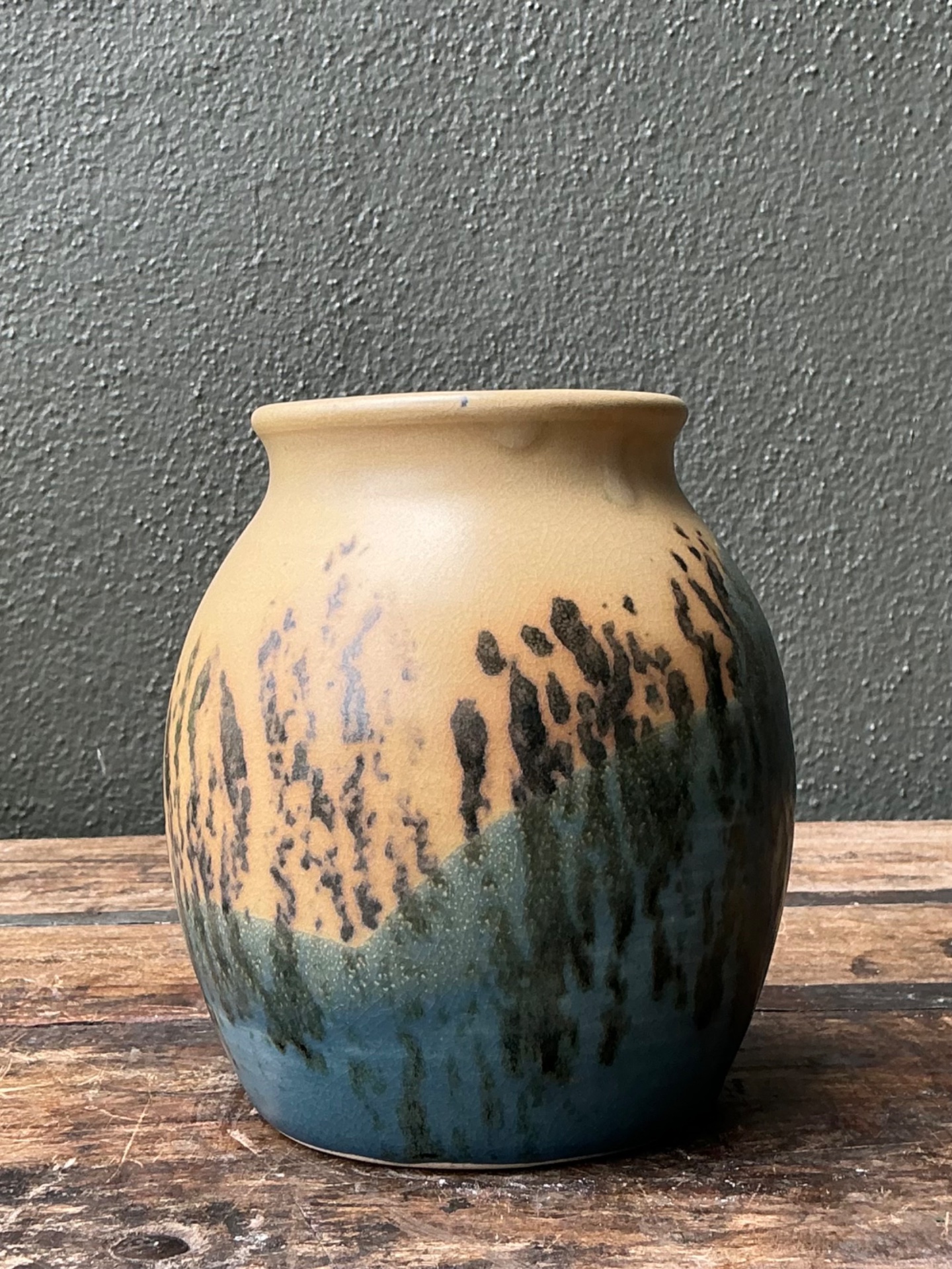 Vintage Studio Pottery Glazed Ceramic Vase - Blue, 5W x 6H - Back view