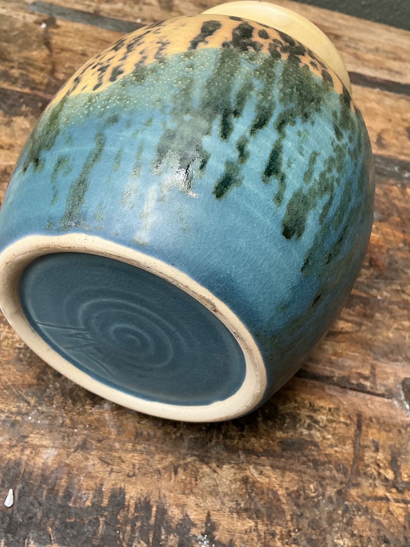 Vintage Studio Pottery Glazed Ceramic Vase - Blue, 5W x 6H - Back view