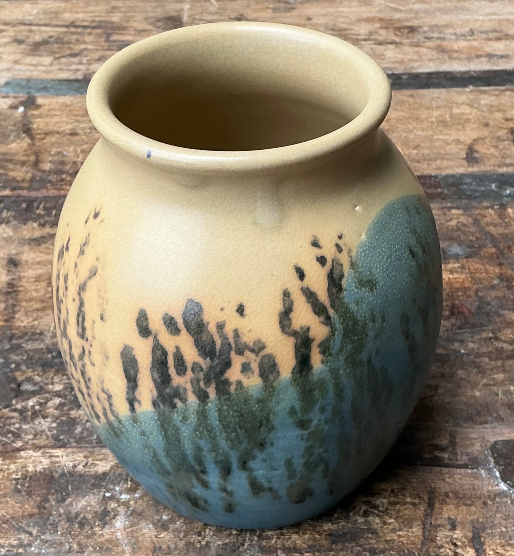 Vintage Studio Pottery Glazed Ceramic Vase - Blue, 5W x 6H - Top view