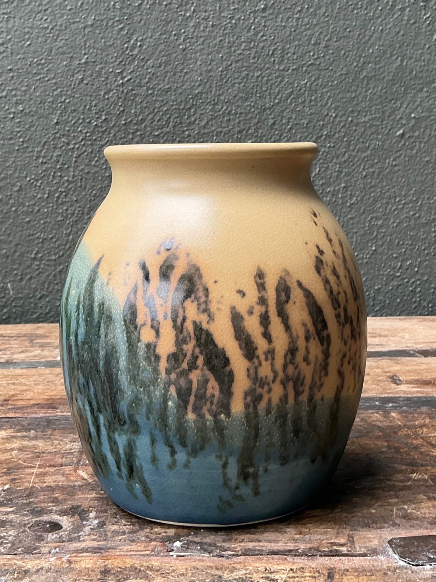 Vintage Studio Pottery Glazed Ceramic Vase - Blue, 5W x 6H - Side view