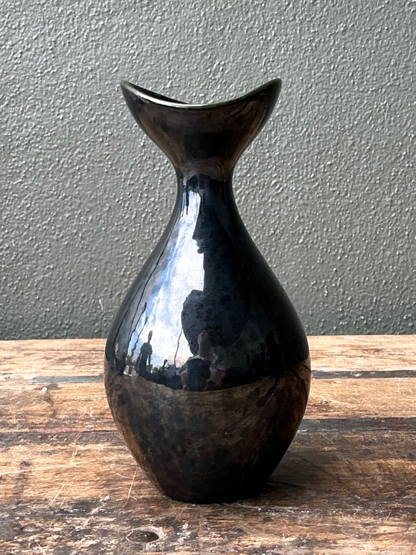 Vintage Black Glazed Ceramic Vase - Side view