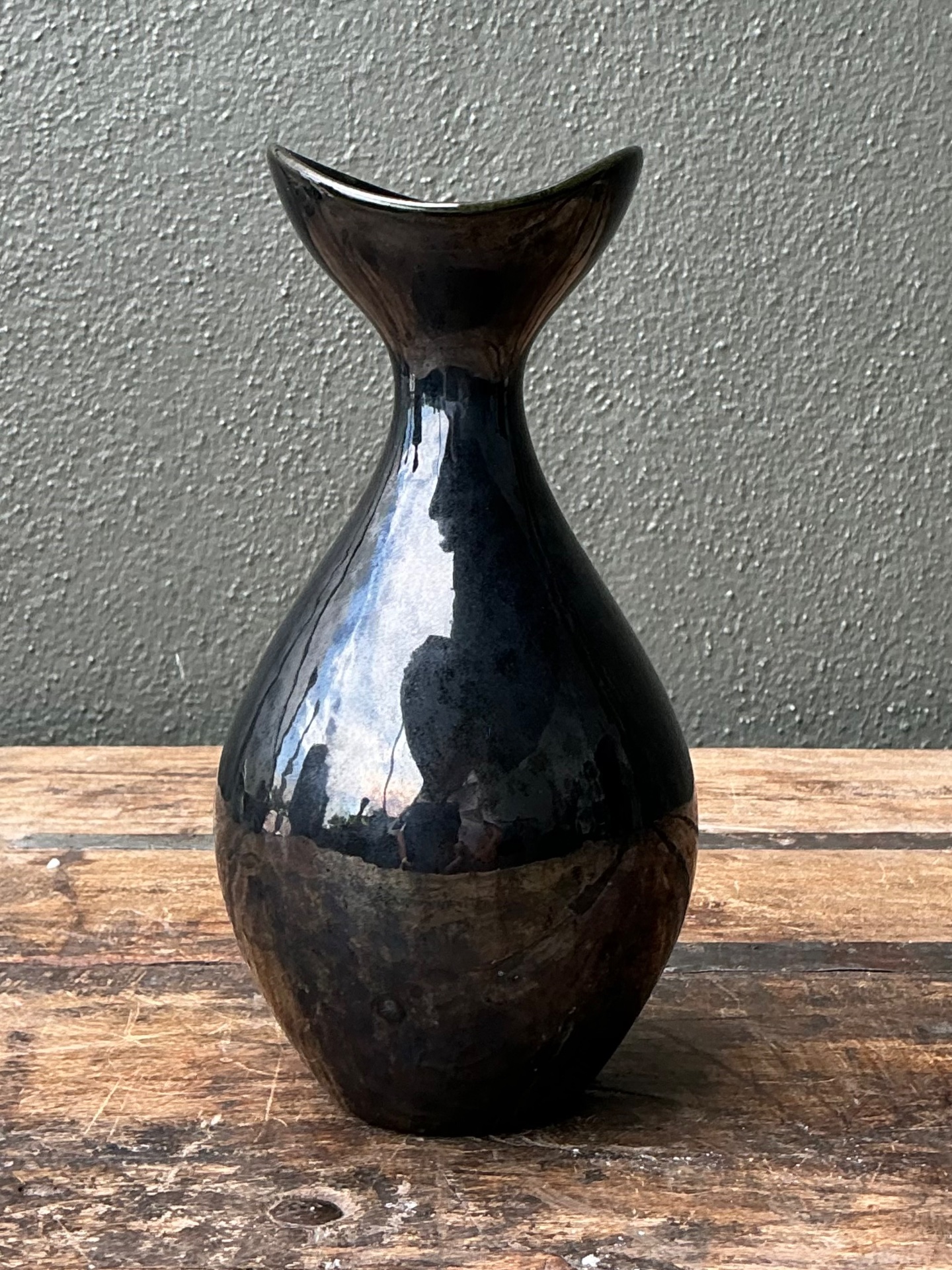 Vintage Black Glazed Ceramic Vase - Top view