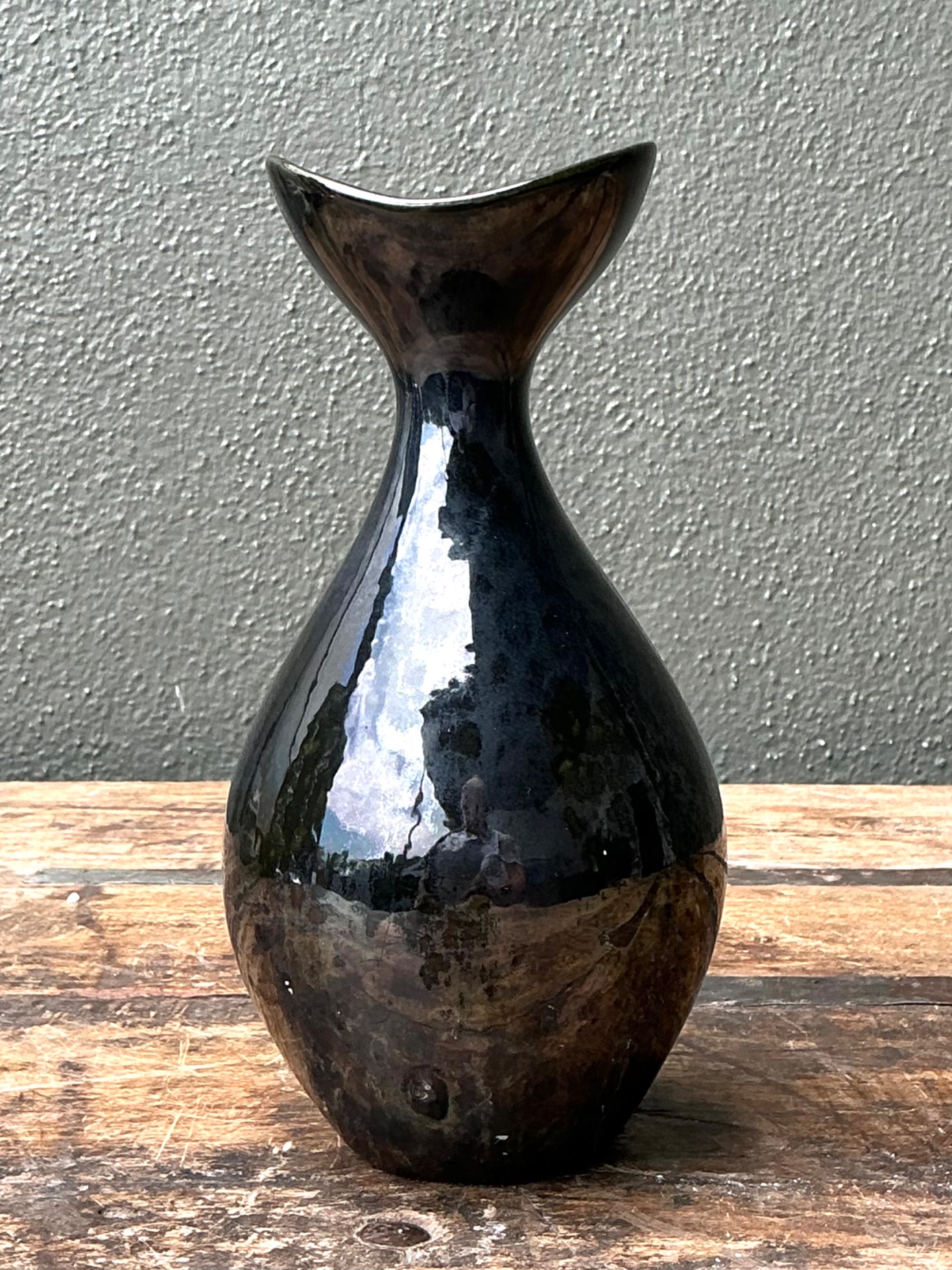 Vintage Black Glazed Ceramic Vase - Back view