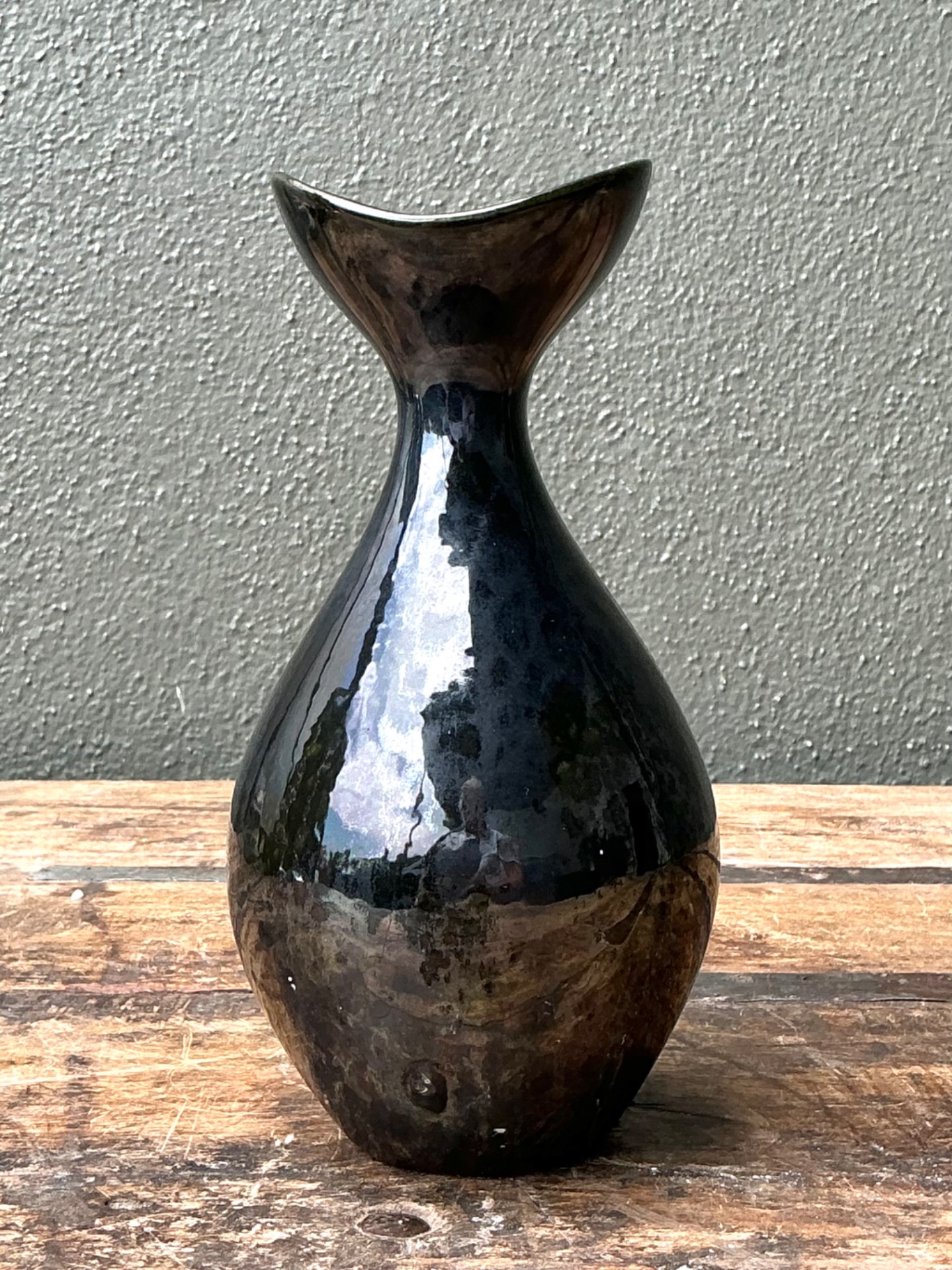 Vintage Black Glazed Ceramic Vase - Detail view