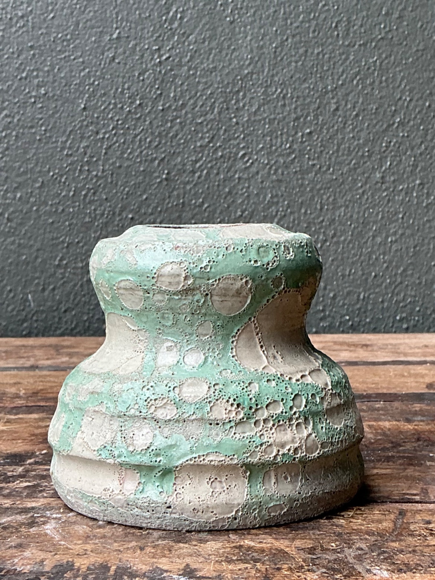 Vintage Textured Green Ceramic Vase - Back view