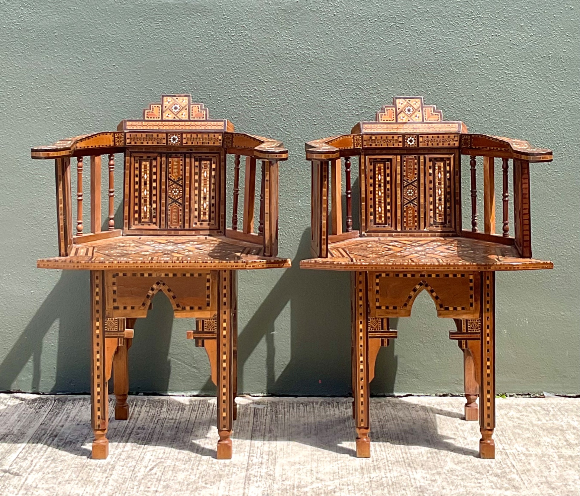 Vintage Syrian Inlaid Wood Chairs - A Pair - Back view