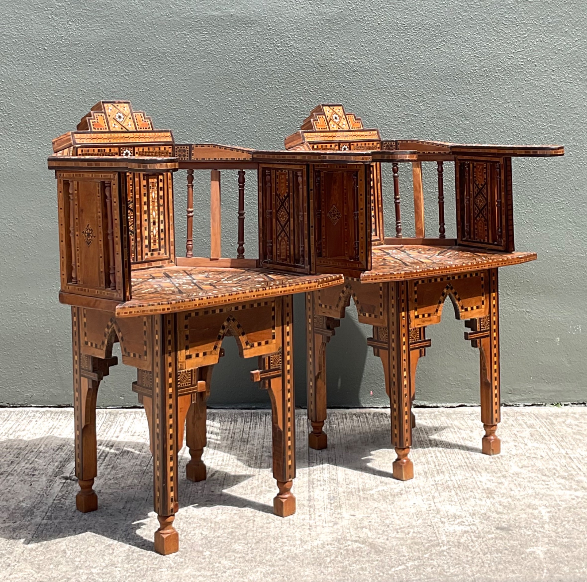 Vintage Syrian Inlaid Wood Chairs - A Pair - Side view