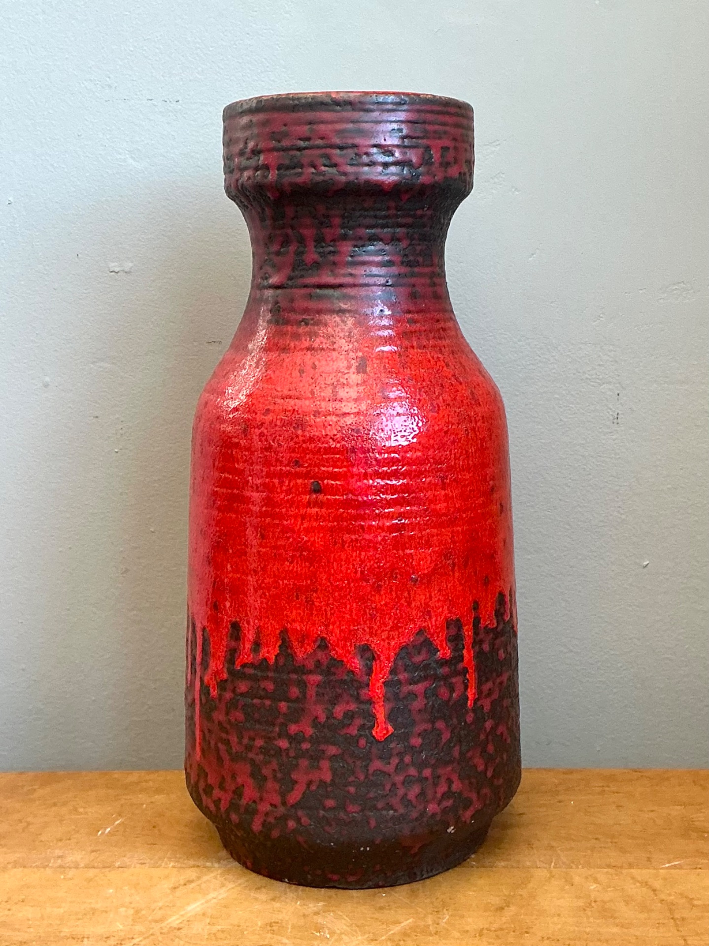 Vintage West German Red Drip Glaze Ceramic Vase - Side view