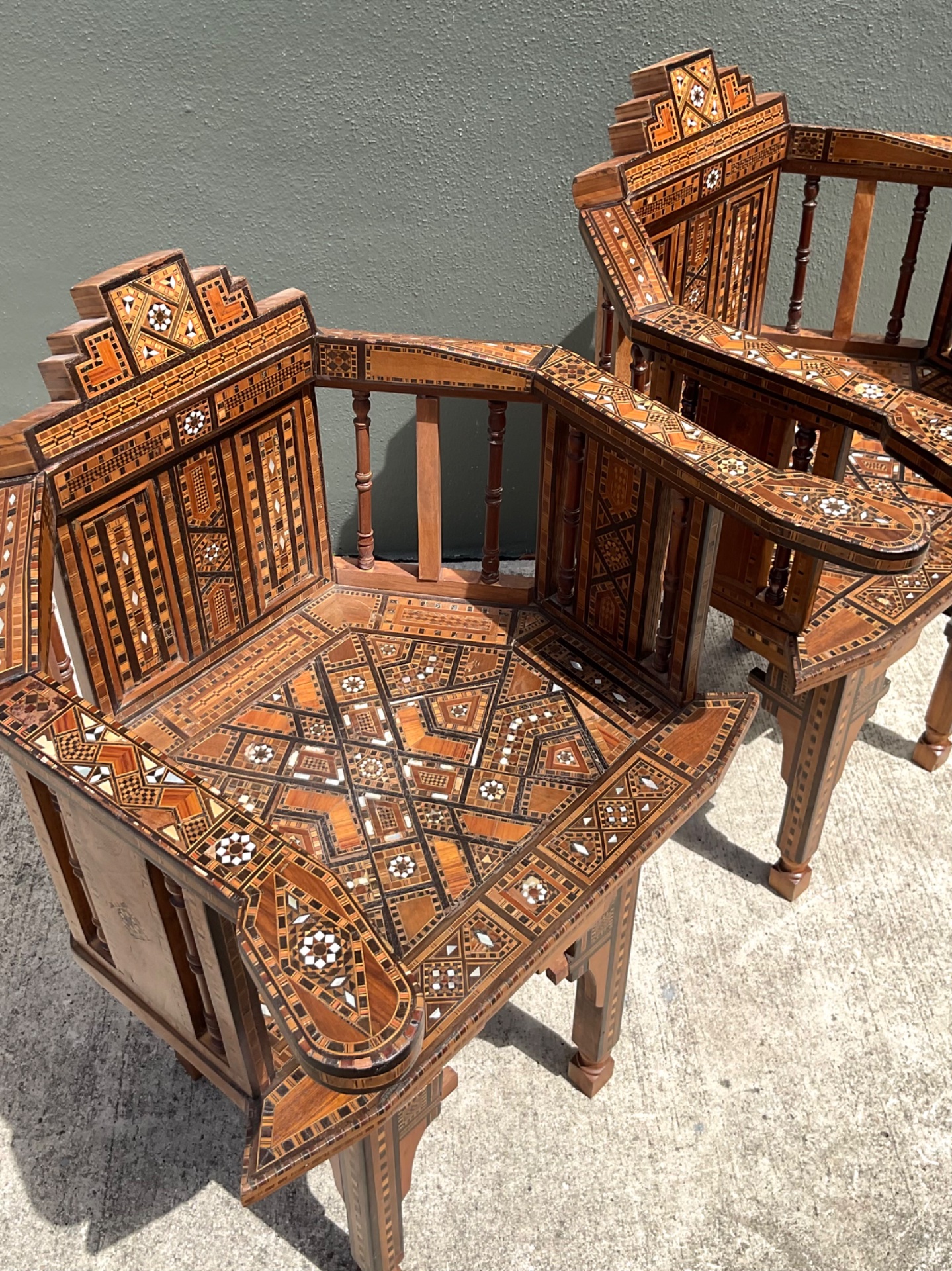 Vintage Syrian Inlaid Wood Chairs - A Pair - Detail view