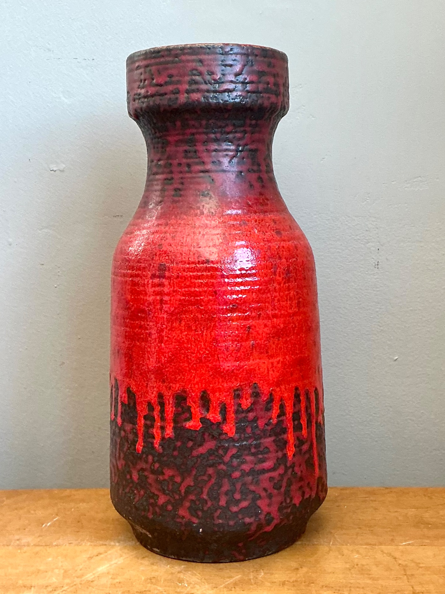 Vintage West German Red Drip Glaze Ceramic Vase - Top view