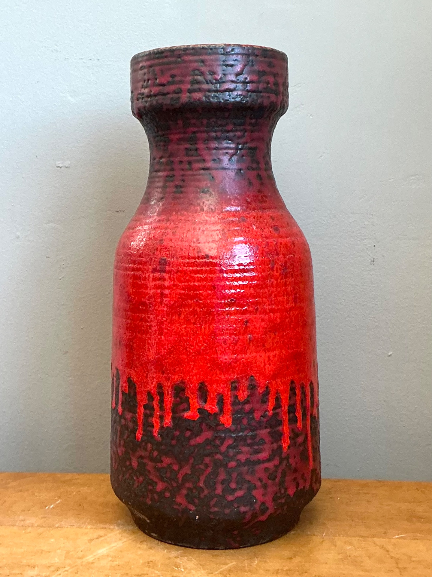 Vintage West German Red Drip Glaze Ceramic Vase - Top view