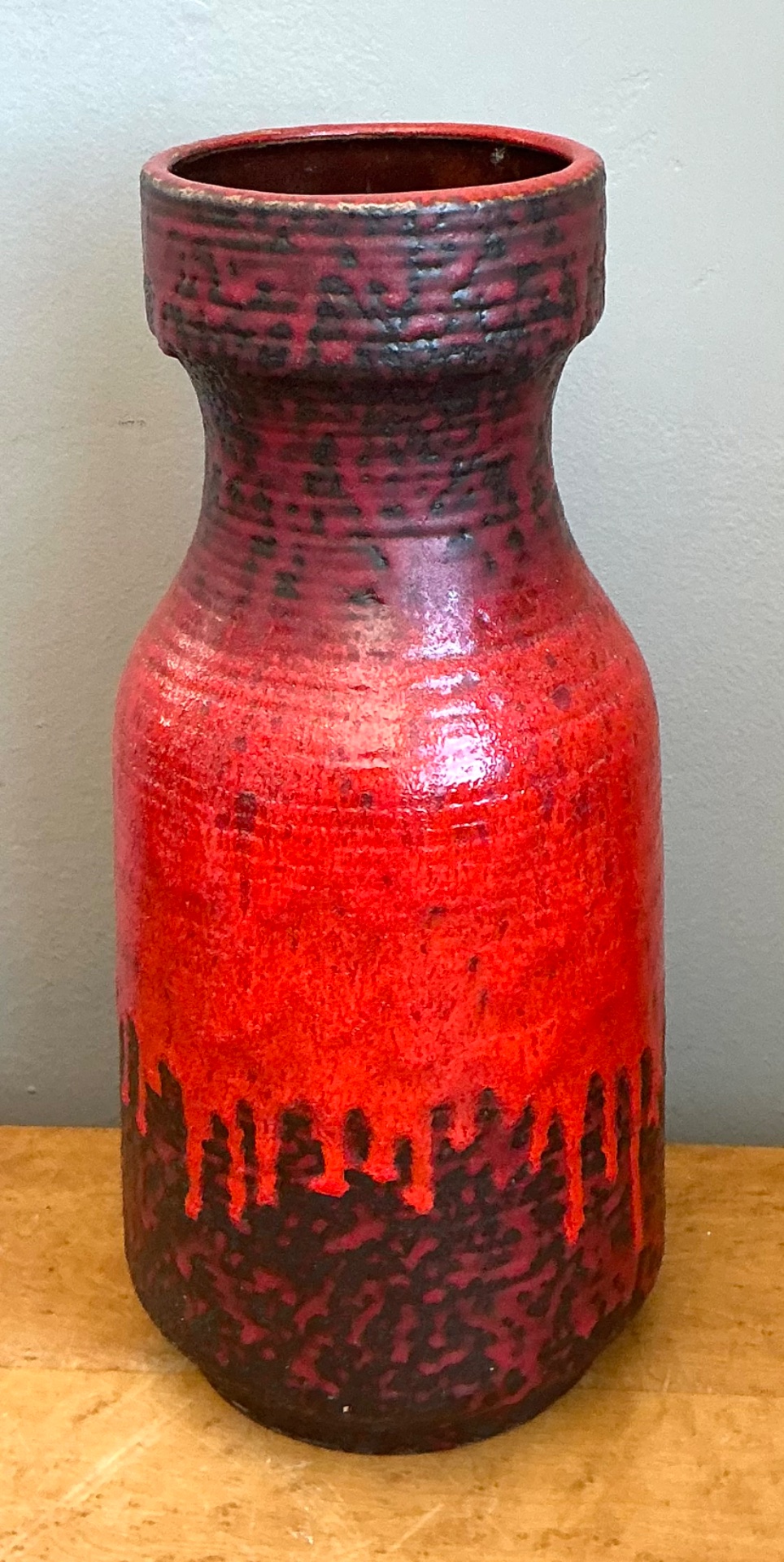 Vintage West German Red Drip Glaze Ceramic Vase - Detail view